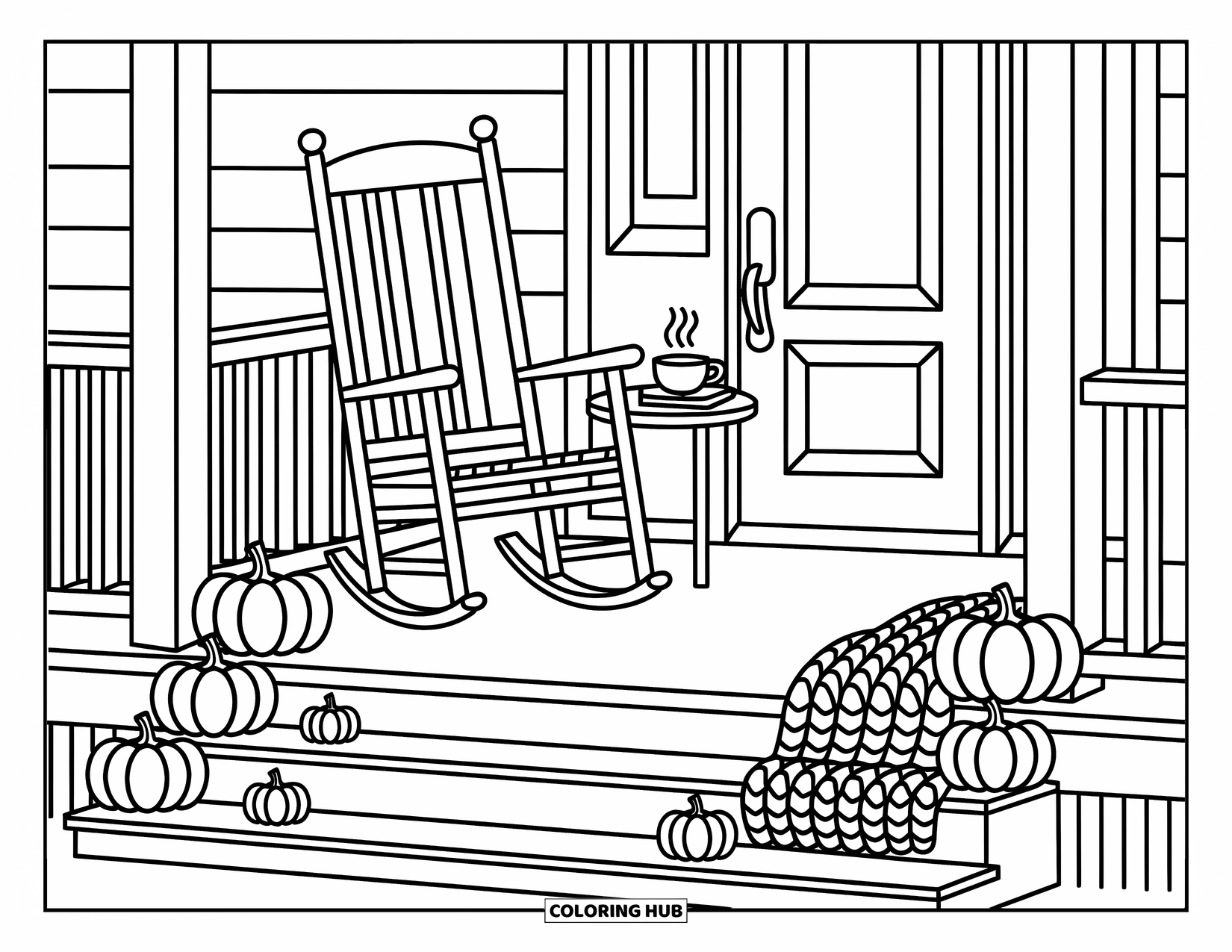 Coloriage d'automne pour adultes : Un porche douillet avec une chaise berçante, un jeté doux, des livres et des citrouilles ludiques sur les marches