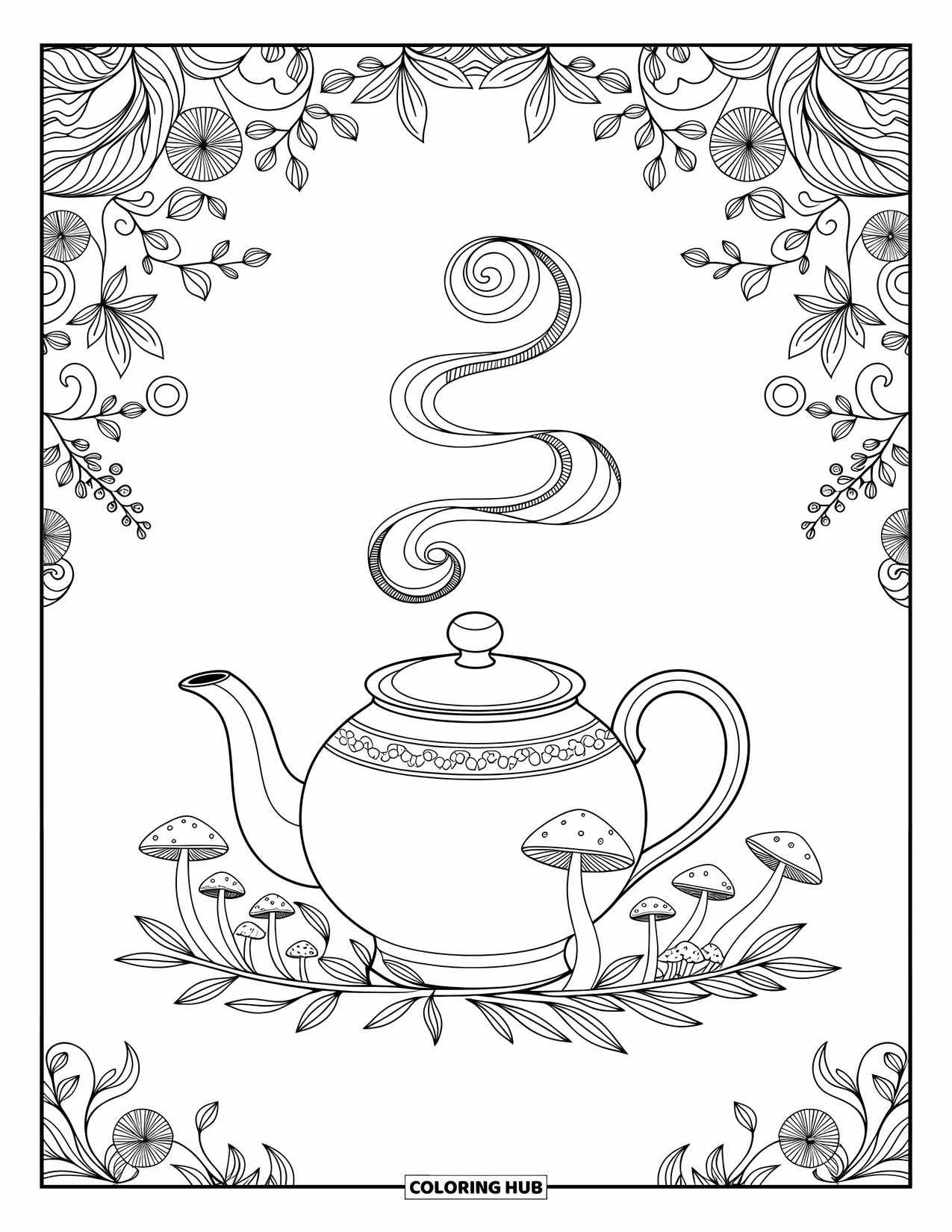 Coloriage d'automne pour adultes : Une théière douillette avec des champignons, de la vapeur tourbillonnante et de délicates bordures feuillues