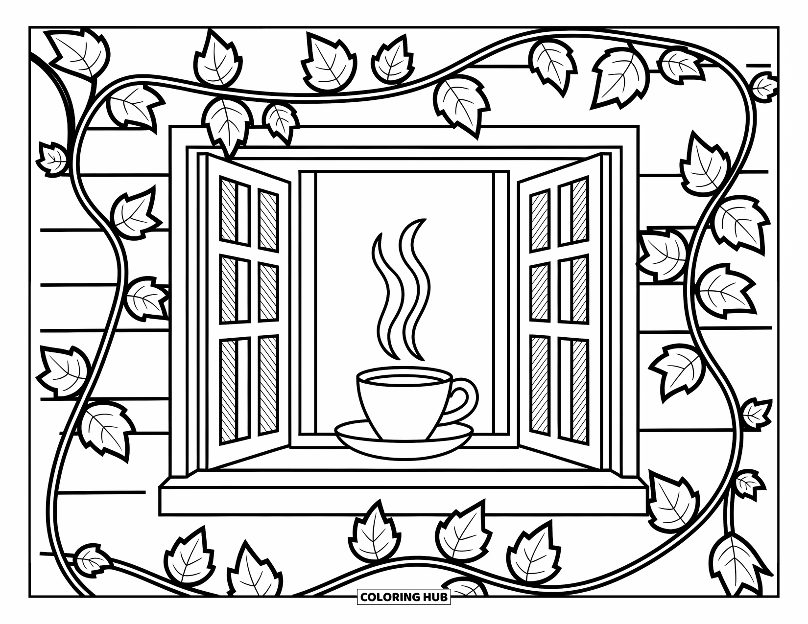 Coloriage d'automne pour adultes : Une scène de fenêtre chaleureuse avec du thé, du lierre et des feuilles séchées avec des motifs artistiques