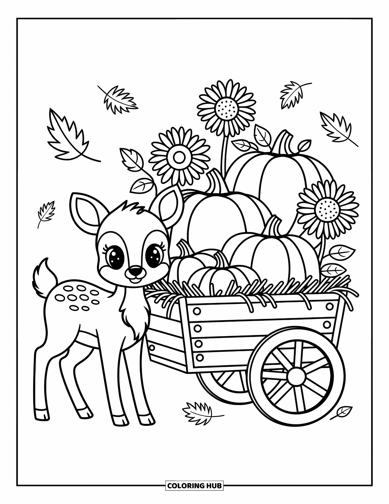 Coloriage d'automne pour adultes : Un cerf mignon se tient près d'un chariot en bois avec des citrouilles, du foin et des motifs de feuilles tourbillonnantes