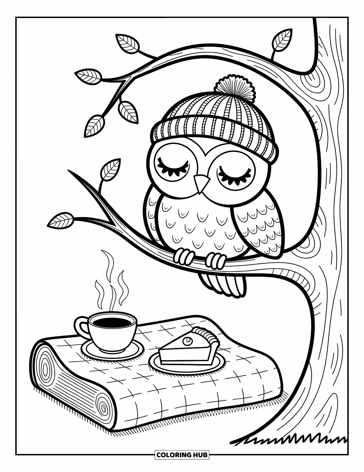 Coloriage d'automne pour adultes : Un hibou mignon portant un bonnet repose sur une branche avec du thé, une tarte et des feuilles tombantes en dessous