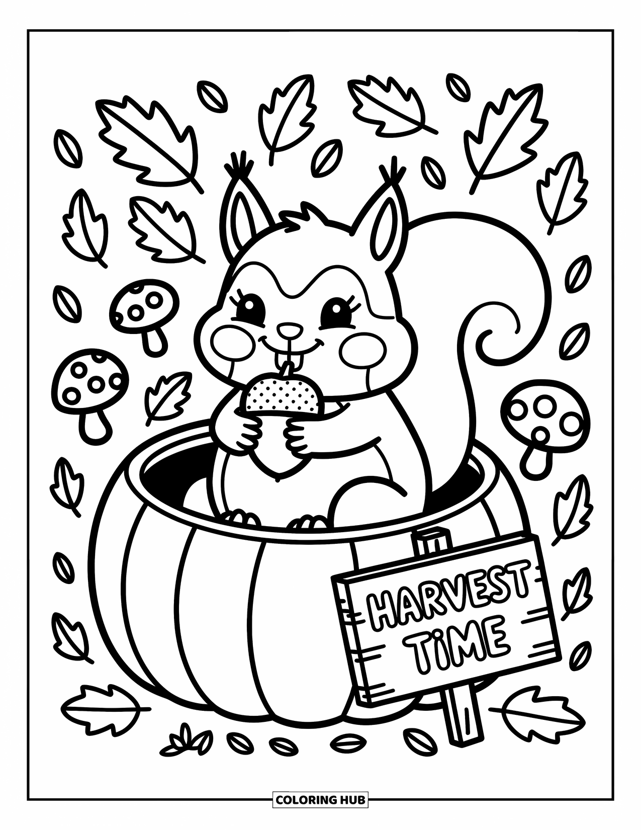 Coloriage d'automne pour adultes : Un écureuil mignon à l'intérieur d'une citrouille avec un gland et un panneau « Temps de la récolte » à proximité