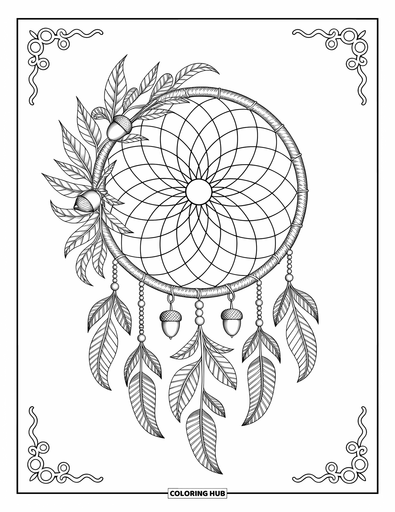 Coloriage d'automne pour adultes : Un attrape-rêves détaillé avec des feuilles, des glands et de petits charmes, encadré par des bordures artistiques