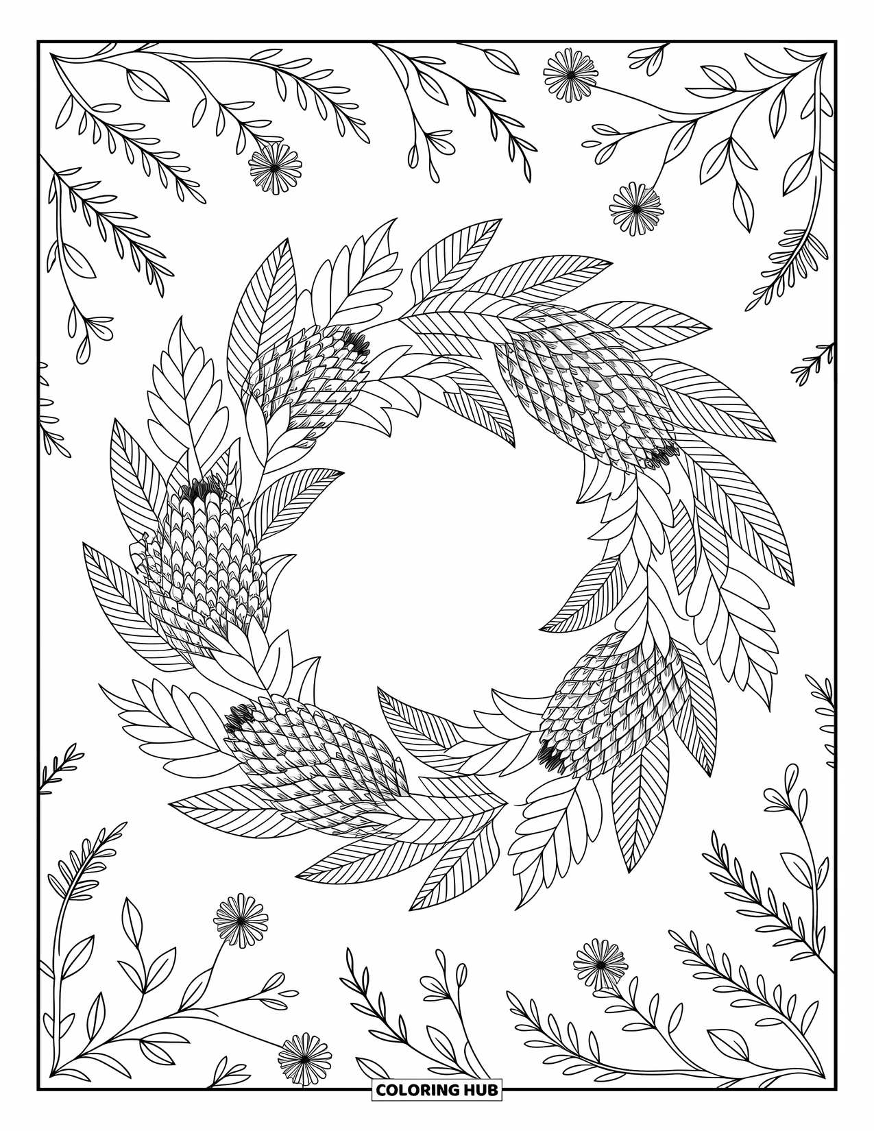 Coloriage d'automne pour adultes : Une couronne détaillée de pommes de pin, de fleurs séchées et de feuilles entourée de motifs floraux