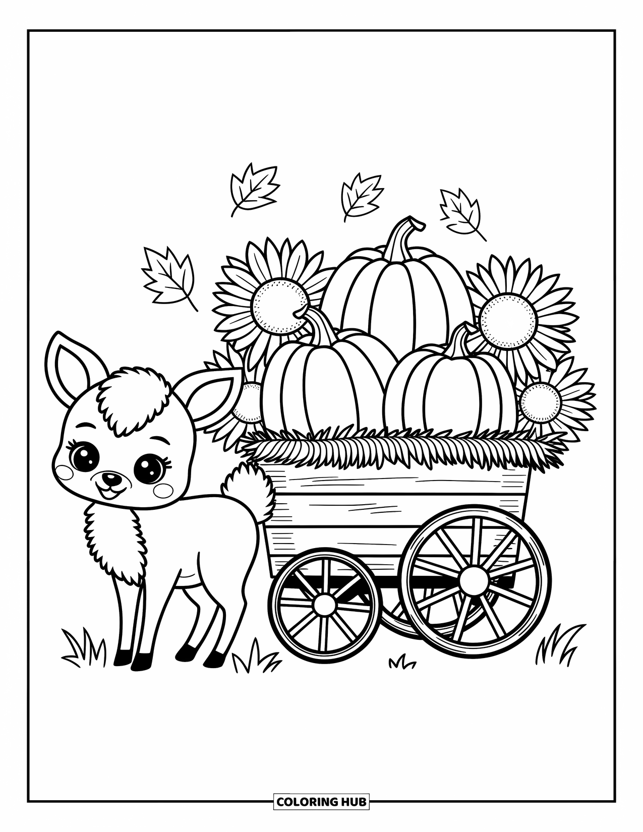 Coloriage d'automne pour adultes : Un cerf moelleux à côté d'un chariot de récolte rempli de citrouilles, de foin et de tournesols