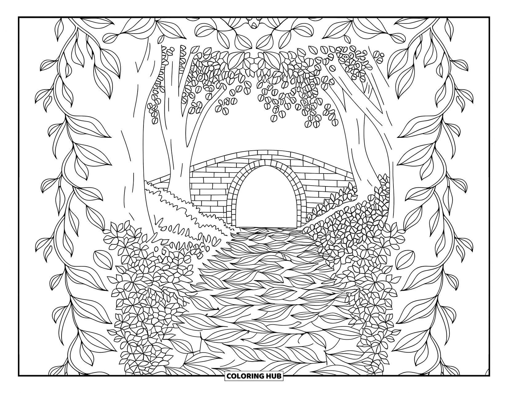 Coloriage d'automne pour adultes : Un sentier forestier avec des feuilles et des vignes menant à un pont de pierre