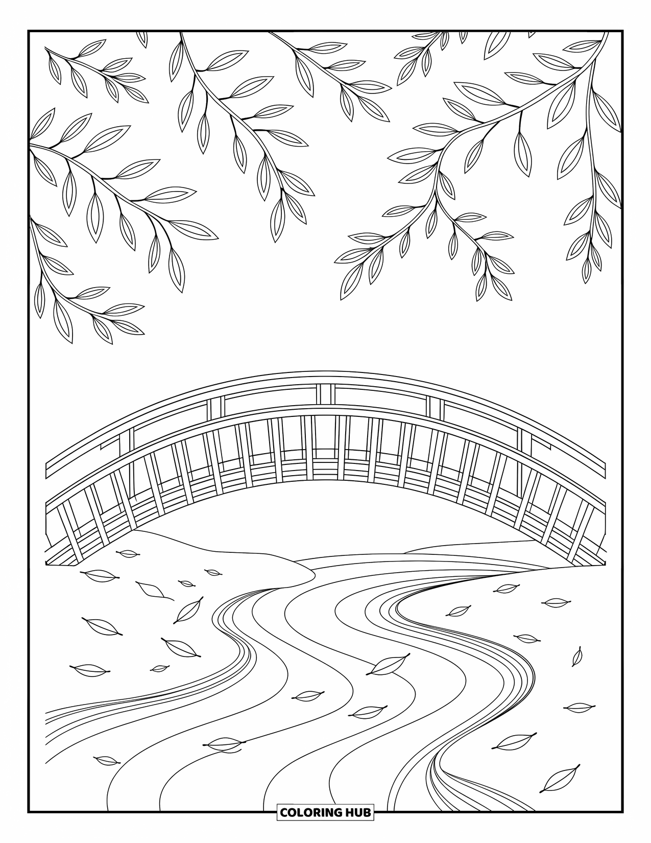 Coloriage d'automne pour adultes : Un gracieux pont en bois au-dessus d'une eau paisible avec des feuilles artistiques et des motifs doux