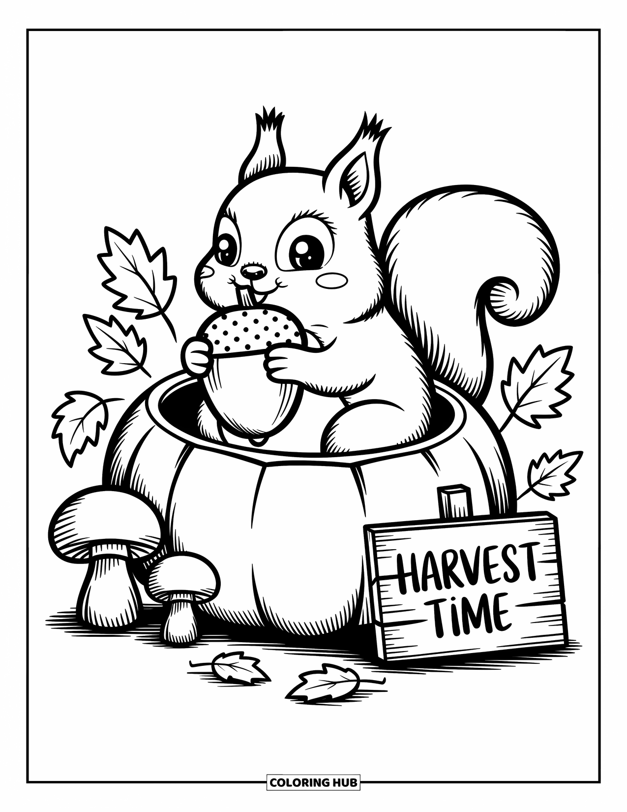 Coloriage d'automne pour adultes : Un écureuil heureux dans une citrouille entouré de champignons, de feuilles et d'un panneau de récolte