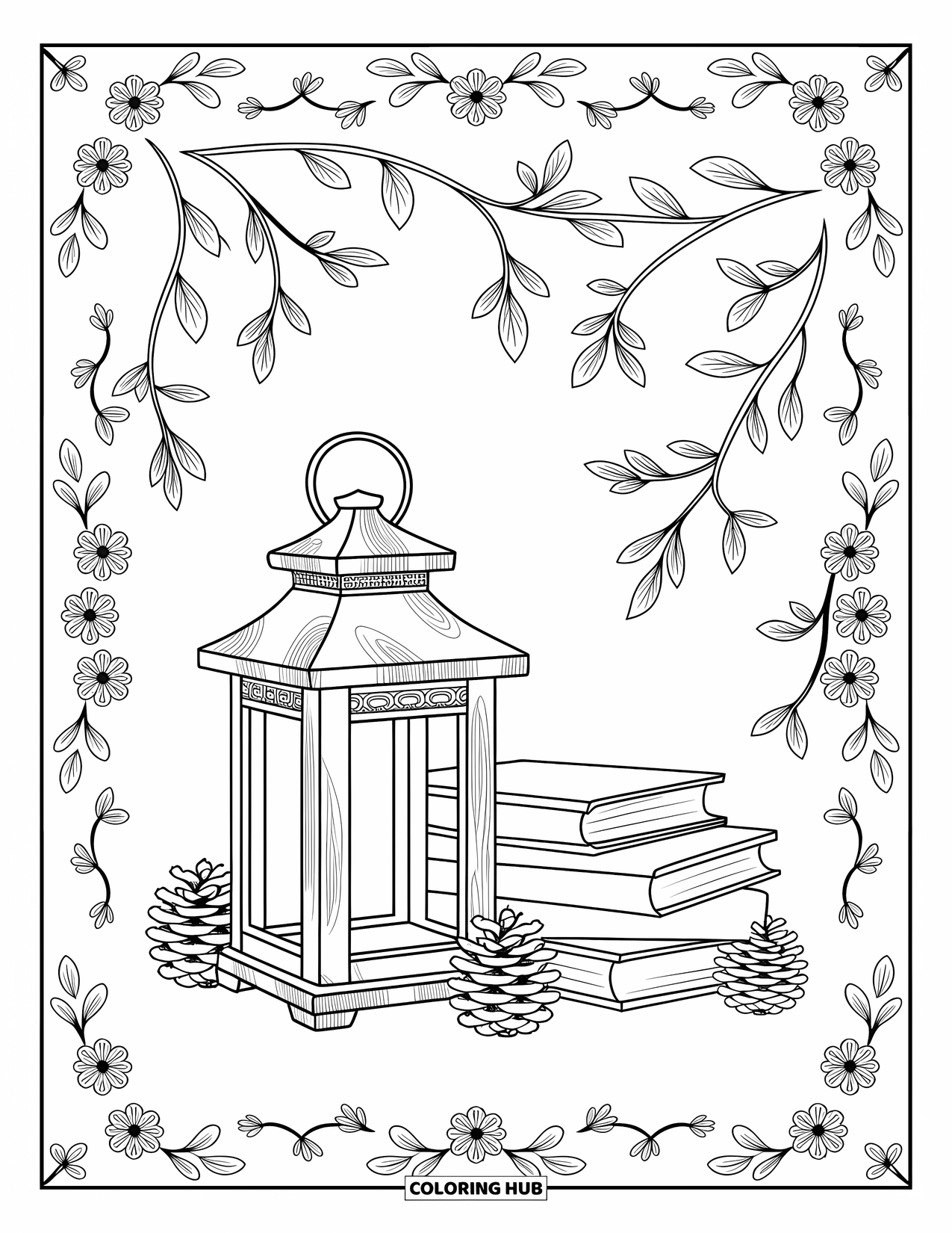 Coloriage d'automne pour adultes : Une lanterne avec des livres et des pommes de pin encadrée par d'élégantes vignes et des motifs floraux