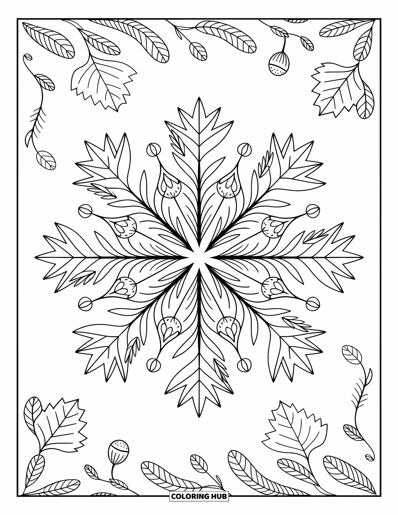 Coloriage d'automne pour adultes : Un mandala rempli de feuilles d'automne, de glands et de délicats détails de vignes tourbillonnantes