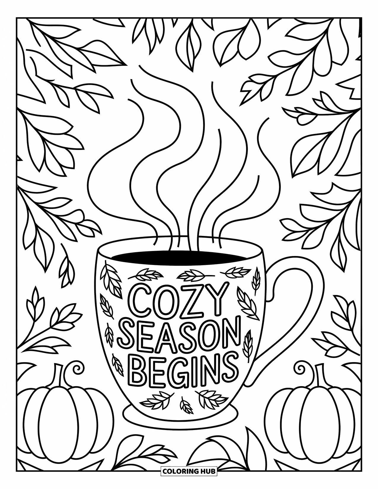 Coloriage d'automne pour adultes : Une tasse avec des motifs de citrouille et la mention « Cozy Season Begins » (La saison douillette commence) entourée de motifs d'automne