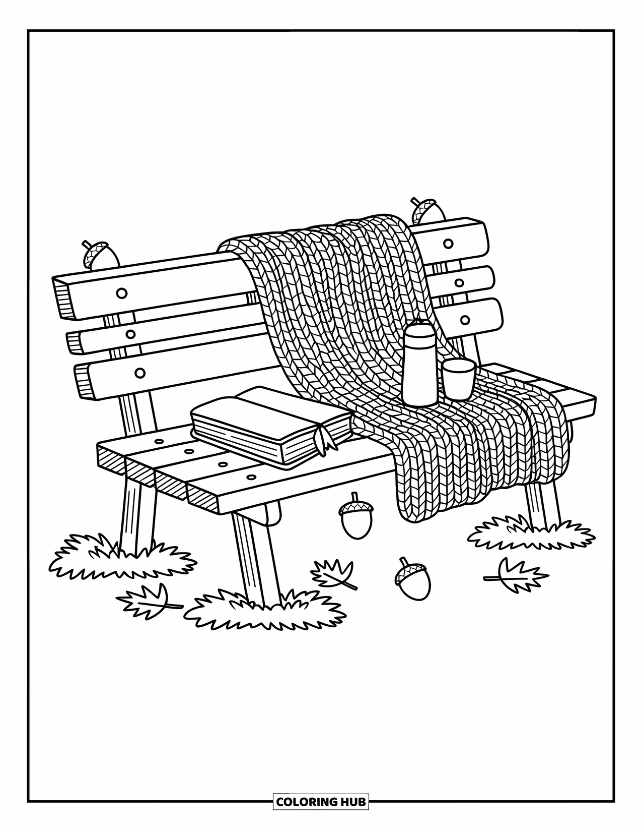 Coloriage d'automne pour adultes : Un banc de parc avec une couverture, un livre, un thermos et des piles de feuilles ludiques