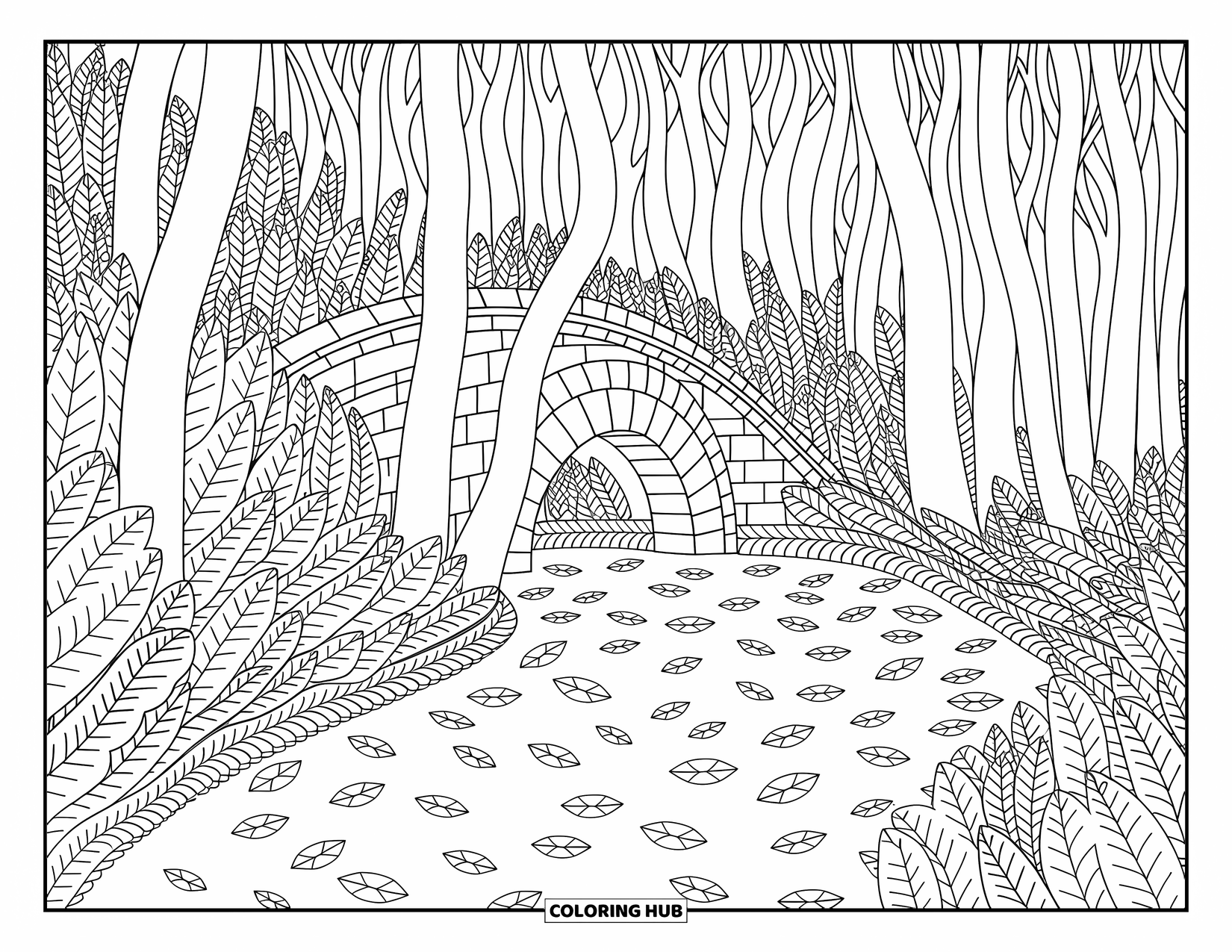 Coloriage d'automne pour adultes : Un sentier paisible de feuilles menant à un pont de pierre dans les bois