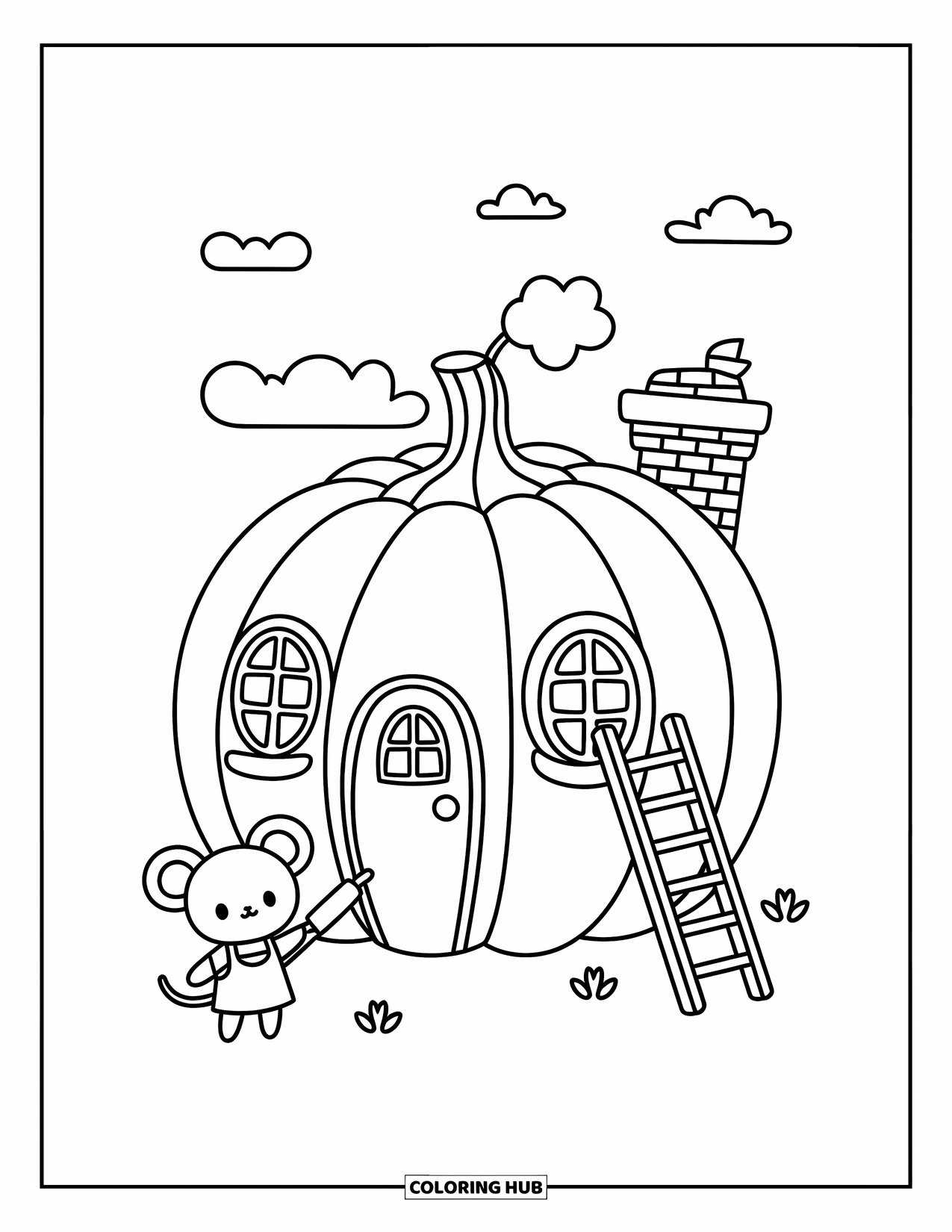 Coloriage d'automne pour adultes : Une maison citrouille avec une échelle, un belvédère sur le toit et une souris dans un tablier
