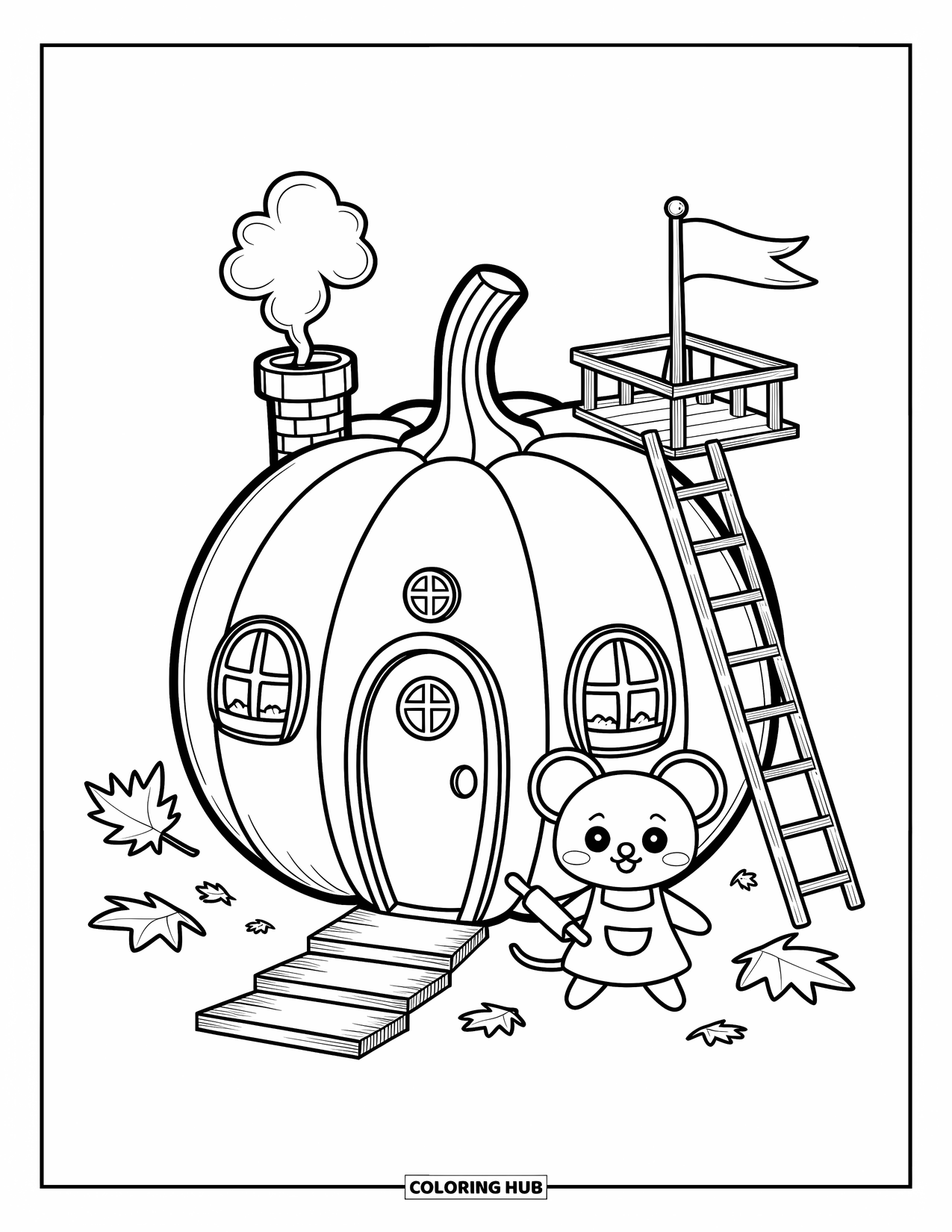 Coloriage d'automne pour adultes : Une maison citrouille avec une minuscule porte, de la fumée de cheminée et une souris avec un rouleau à pâtisserie
