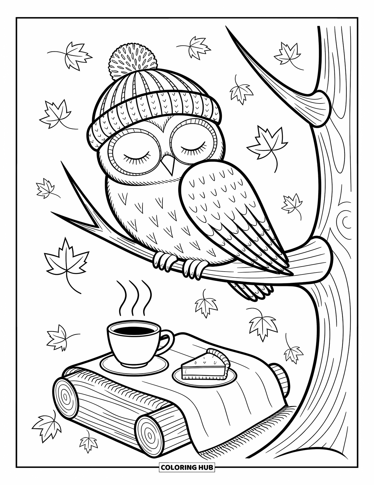 Coloriage d'automne pour adultes : Un hibou détendu dans un chapeau douillet est assis sur une branche au-dessus de thé, de tarte et de feuilles dérivantes