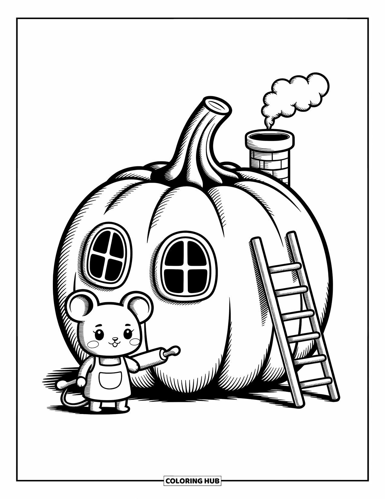 Coloriage d'automne pour adultes : Une maison citrouille ronde avec des fenêtres, une cheminée et une souris tenant un rouleau à pâtisserie