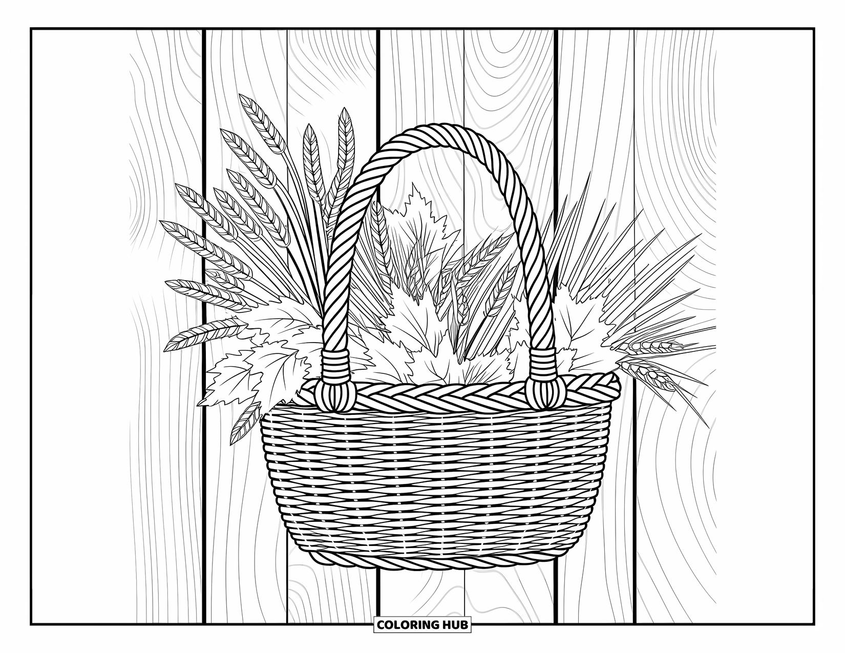Coloriage d'automne pour adultes : Un panier rustique débordant d'herbes, de blé et de trouvailles forestières