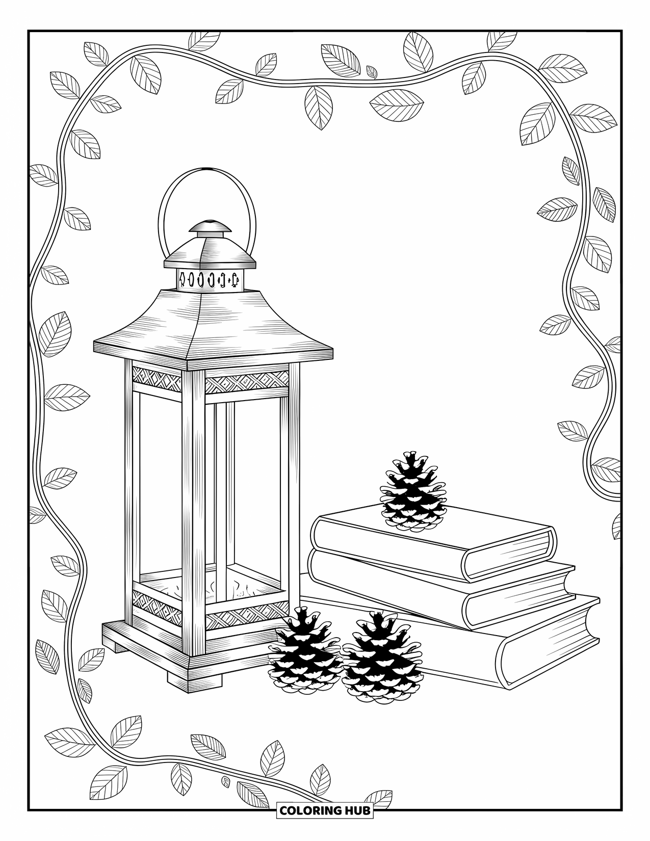 Coloriage d'automne pour adultes : Une lanterne rustique à côté de livres et de pommes de pin avec des vignes tourbillonnantes et des bordures ornées