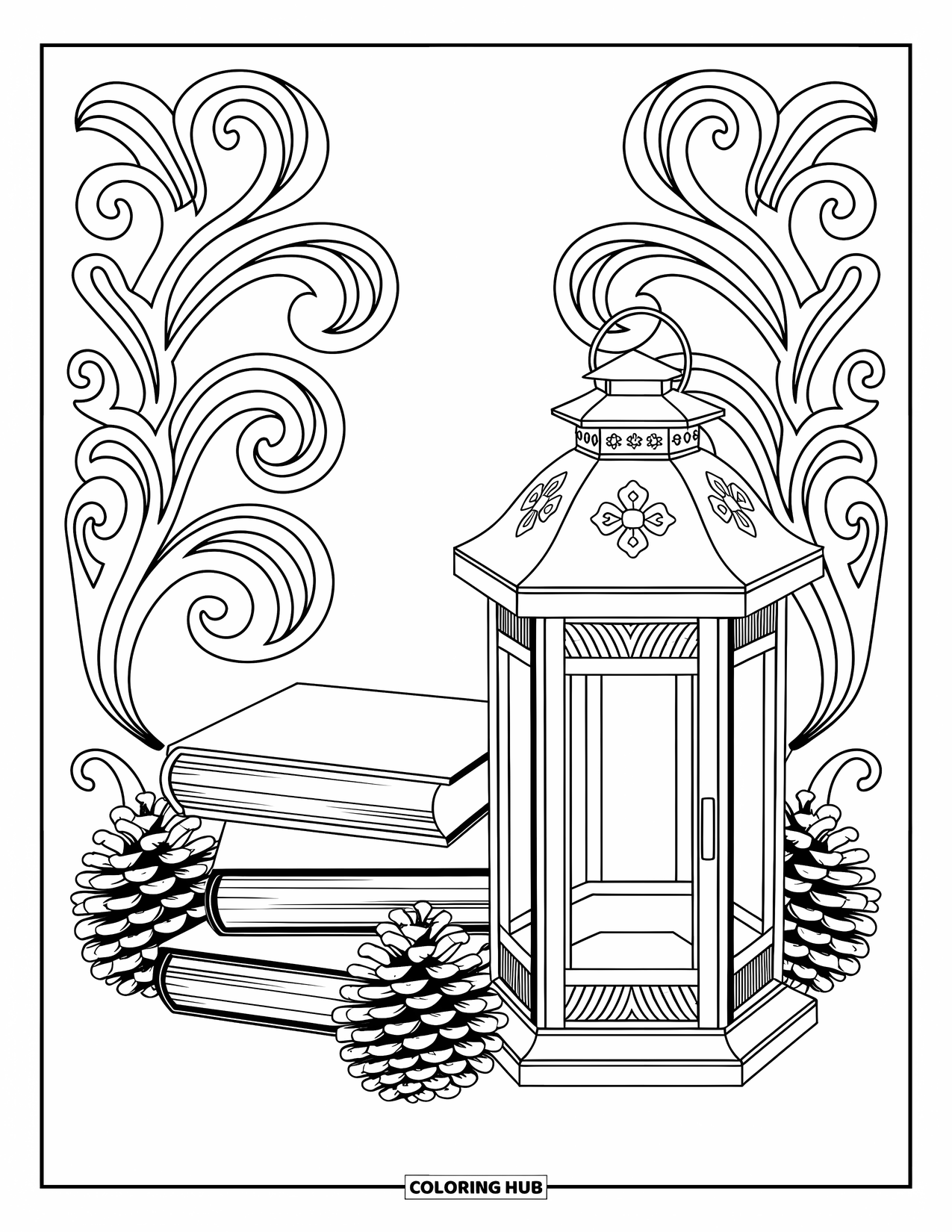 Coloriage d'automne pour adultes : Une lanterne rustique avec des livres et des pommes de pin entourée de motifs tourbillonnants et de vignes