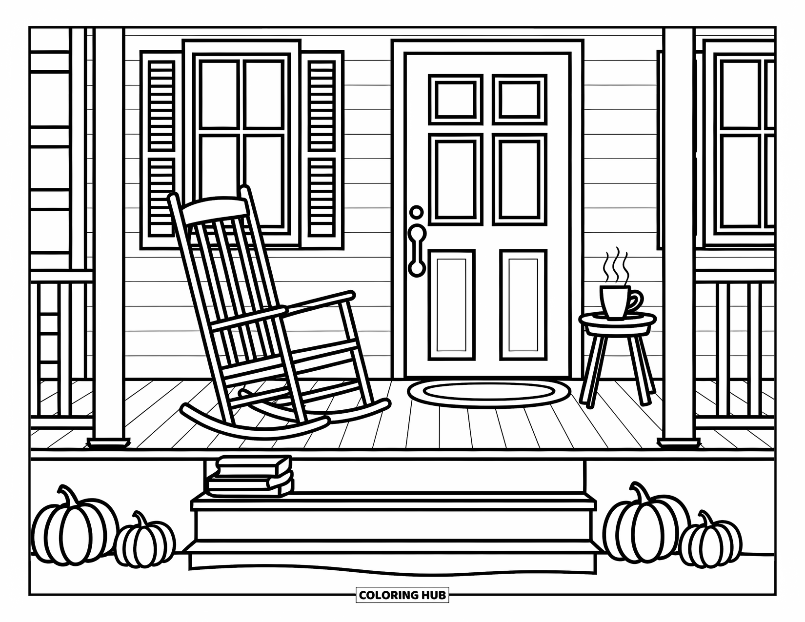 Coloriage d'automne pour adultes : Un porche rustique avec une chaise berçante, des livres, une tasse fumante et de minuscules citrouilles
