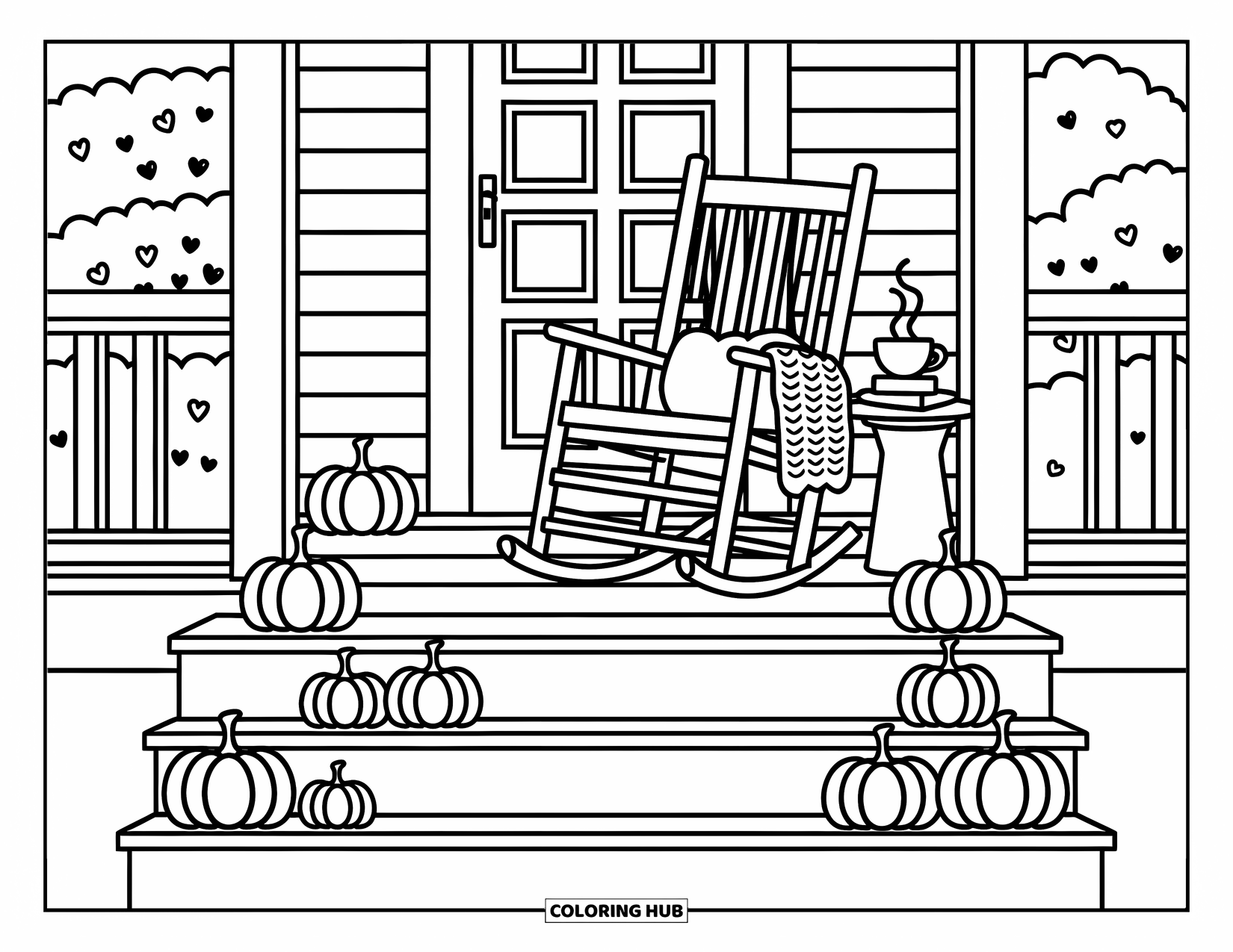 Coloriage d'automne pour adultes : Un porche rustique avec une chaise berçante, des livres, une tasse fumante et de minuscules citrouilles