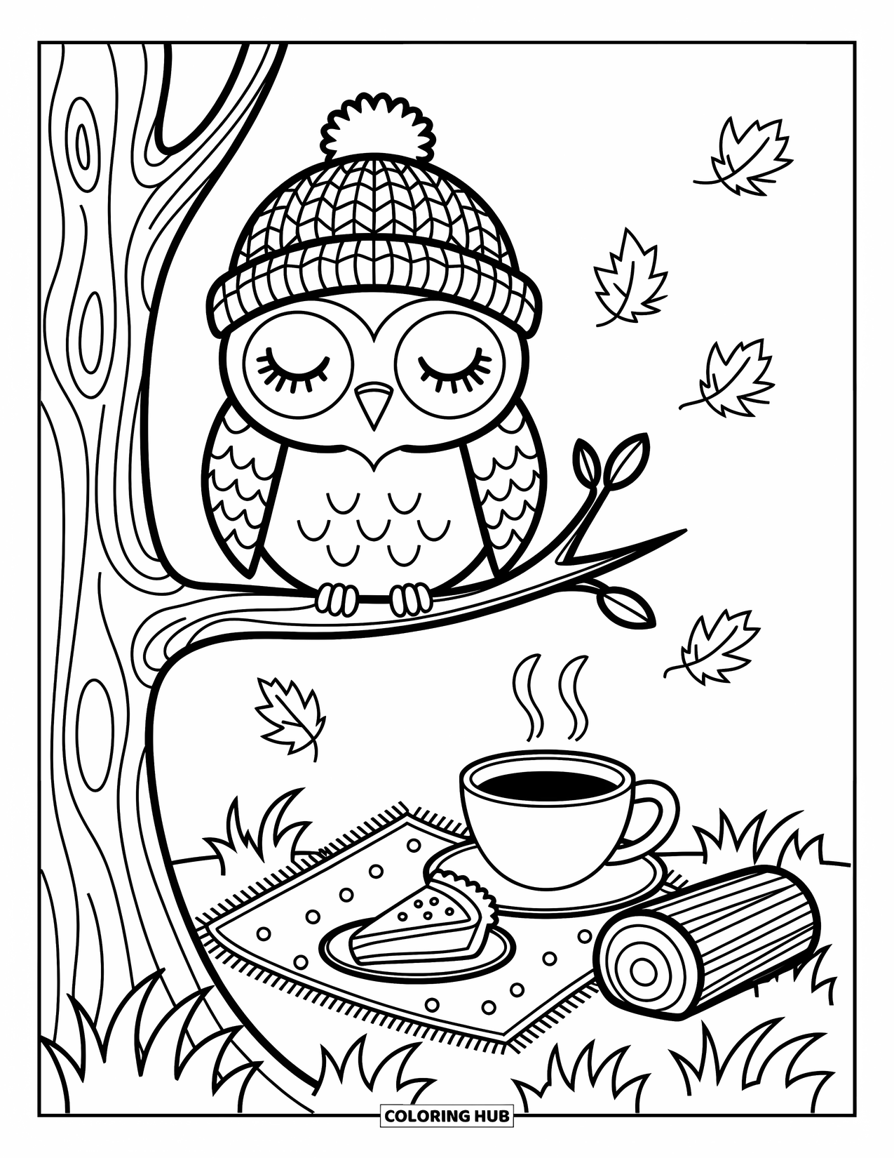 Coloriage d'automne pour adultes : Un hibou endormi dans un bonnet tricoté est assis sur une branche au-dessus d'un pique-nique douillet