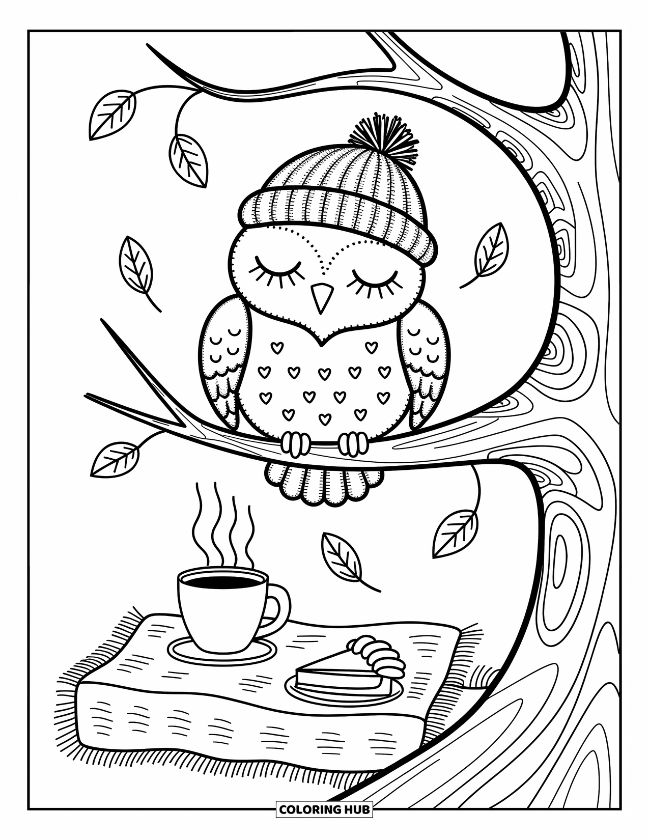 Coloriage d'automne pour adultes : Un hibou endormi avec un bonnet perché sur une branche au-dessus d'une scène de pique-nique fantaisiste