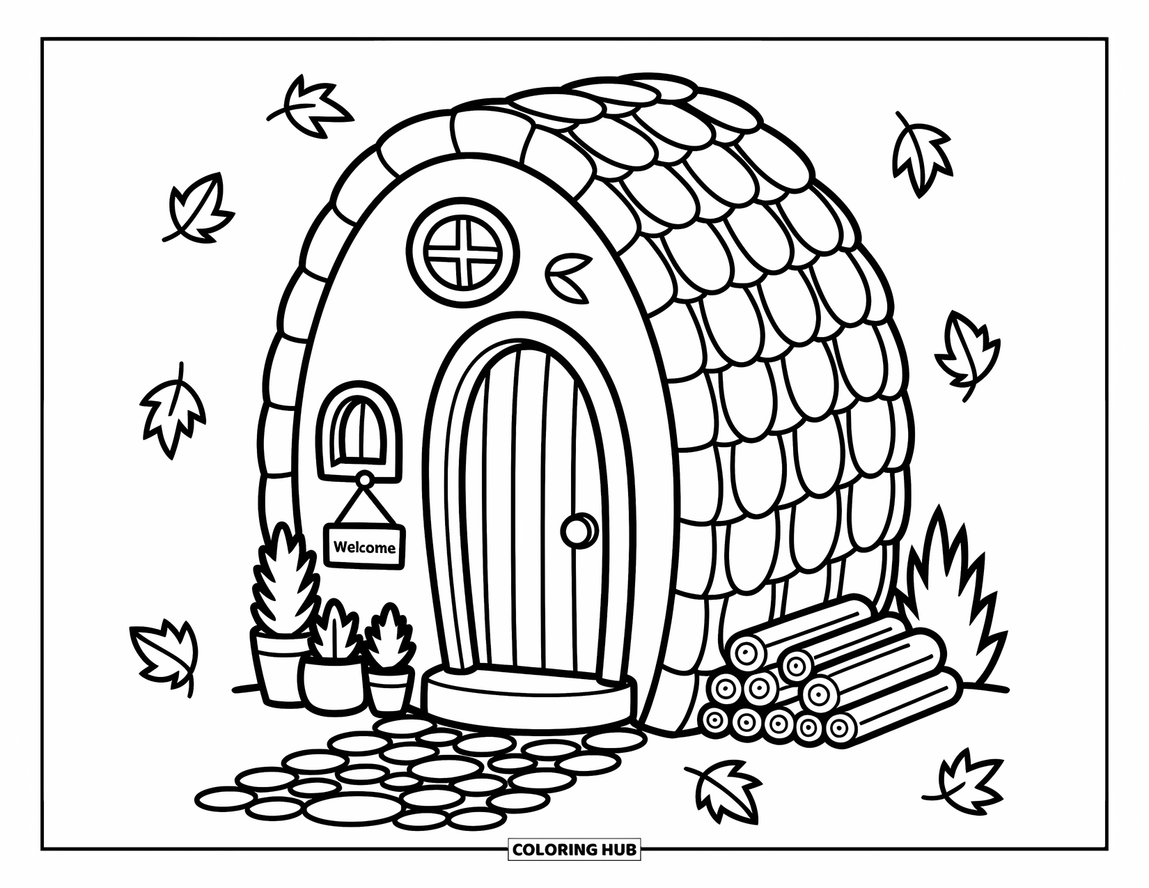 Coloriage d'automne pour adultes : Un petit chalet avec un toit couvert de feuilles, un chemin pavé et des feuilles tombantes