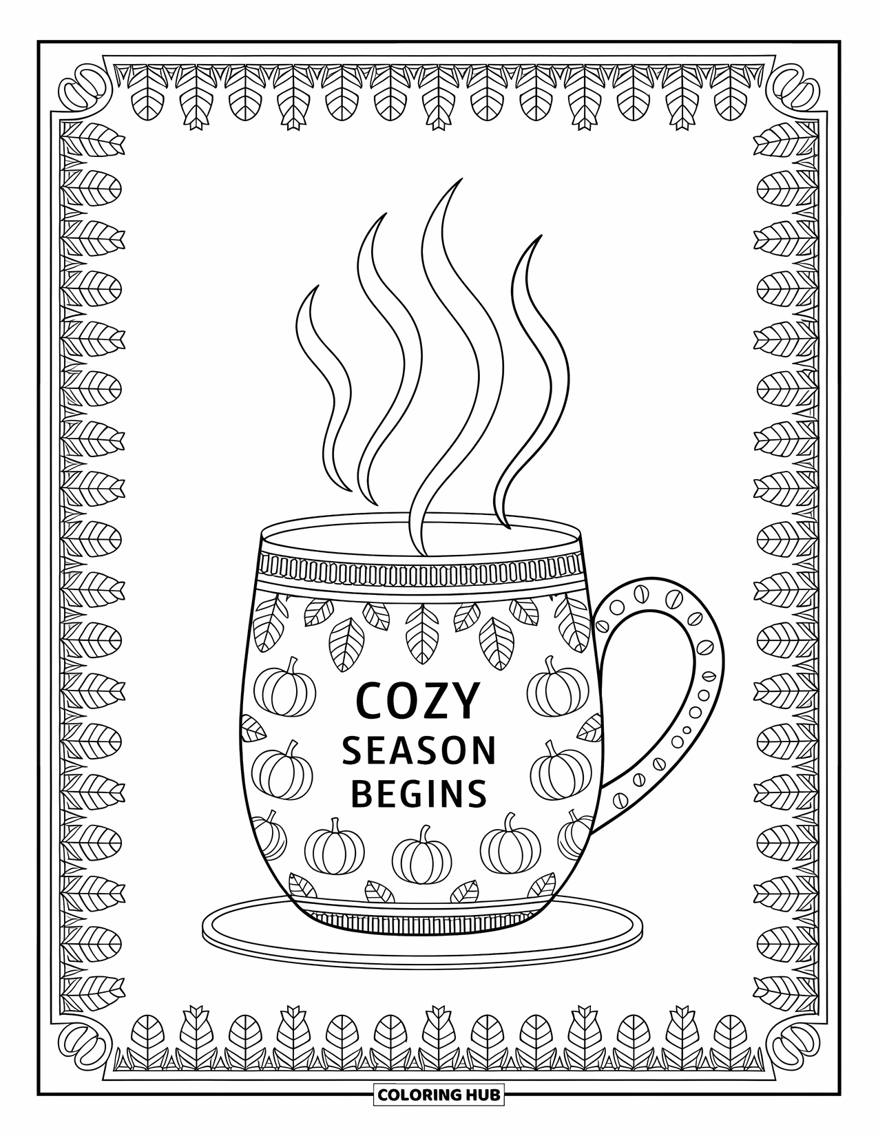 Coloriage d'automne pour adultes : Une tasse fumante avec des motifs de citrouilles et de feuilles et la phrase « Cozy Season Begins