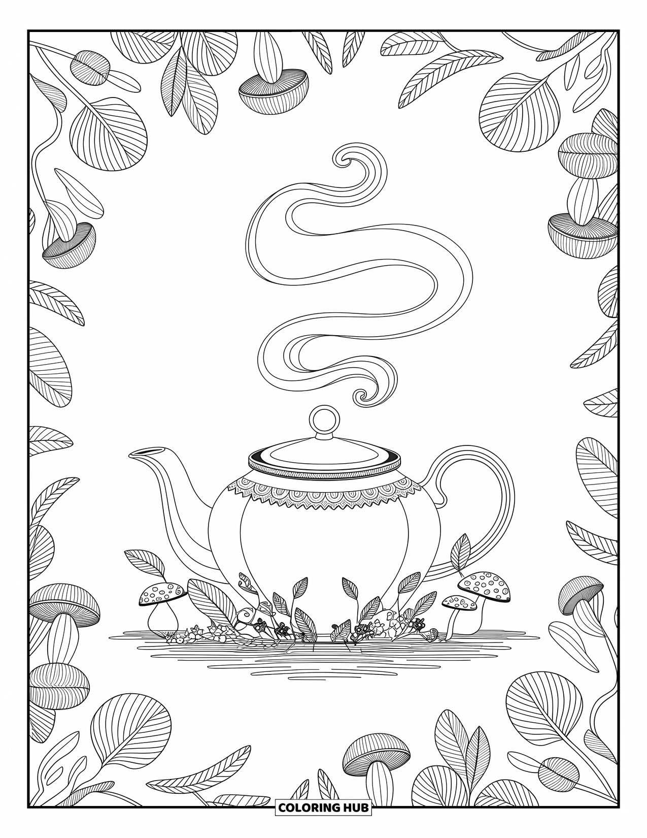 Coloriage d'automne pour adultes : Une théière avec de la vapeur bouclée, de minuscules champignons et des feuilles entourée de motifs artistiques