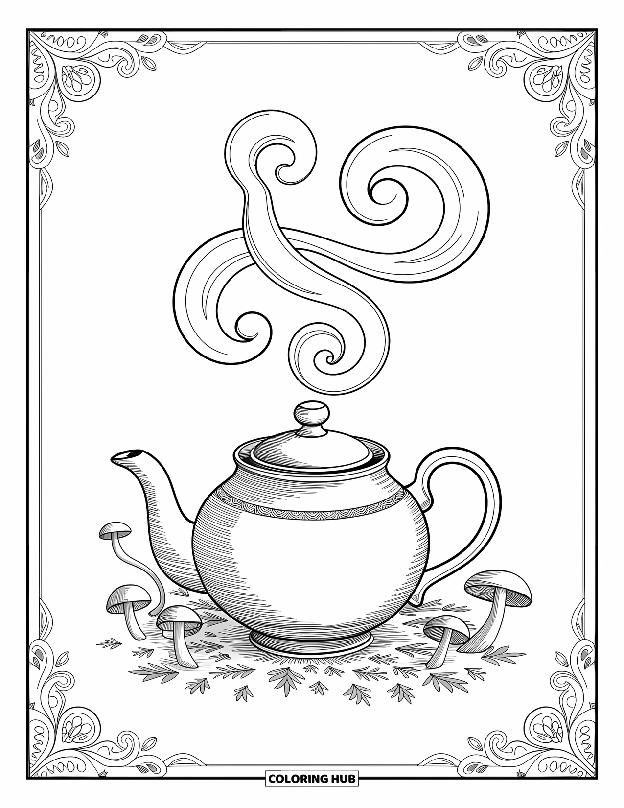 Coloriage d'automne pour adultes : Une théière avec d'élégants motifs de vapeur, des champignons et des feuilles dans un environnement détaillé