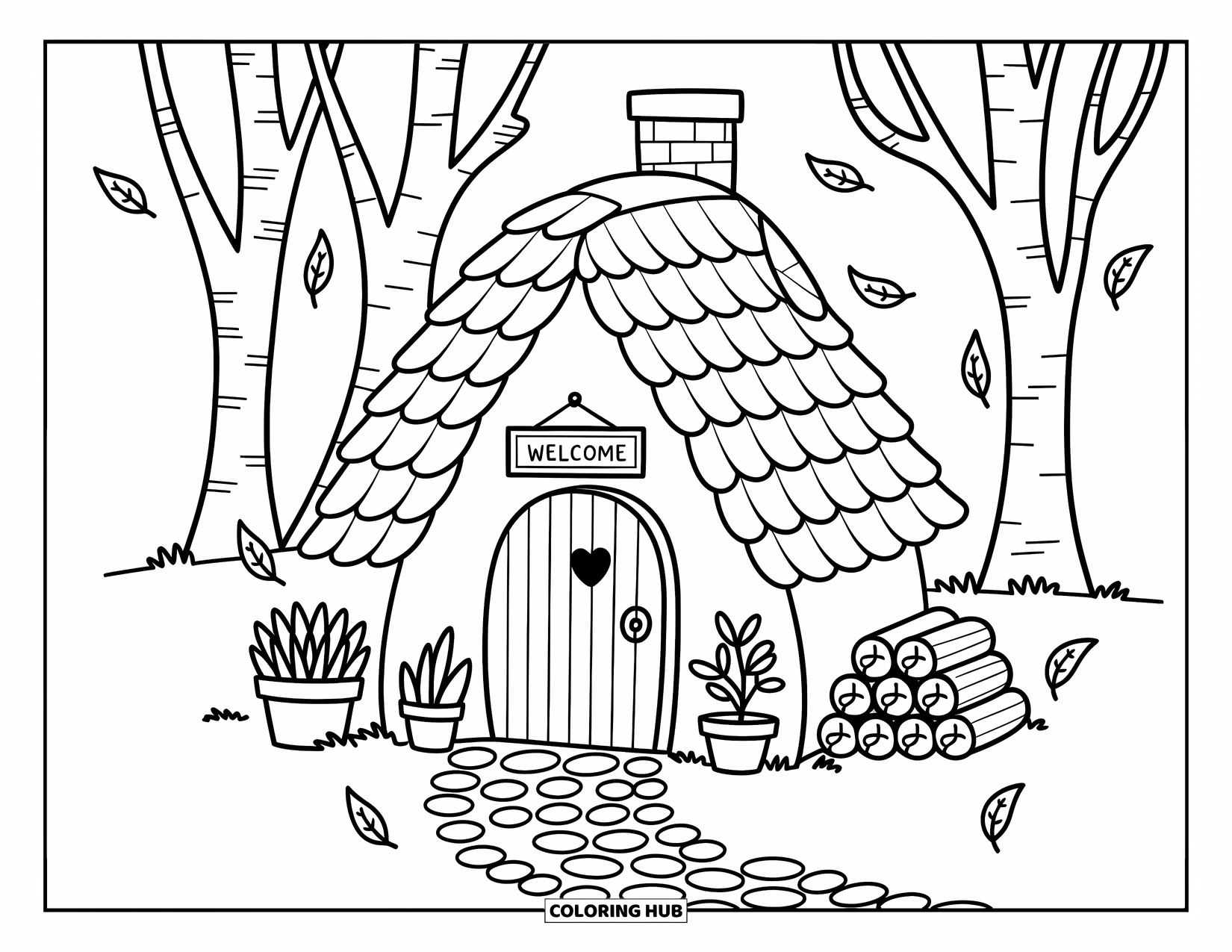 Coloriage d'automne pour adultes : Un minuscule chalet avec un toit incurvé, un chemin pavé et des feuilles tombantes ludiques