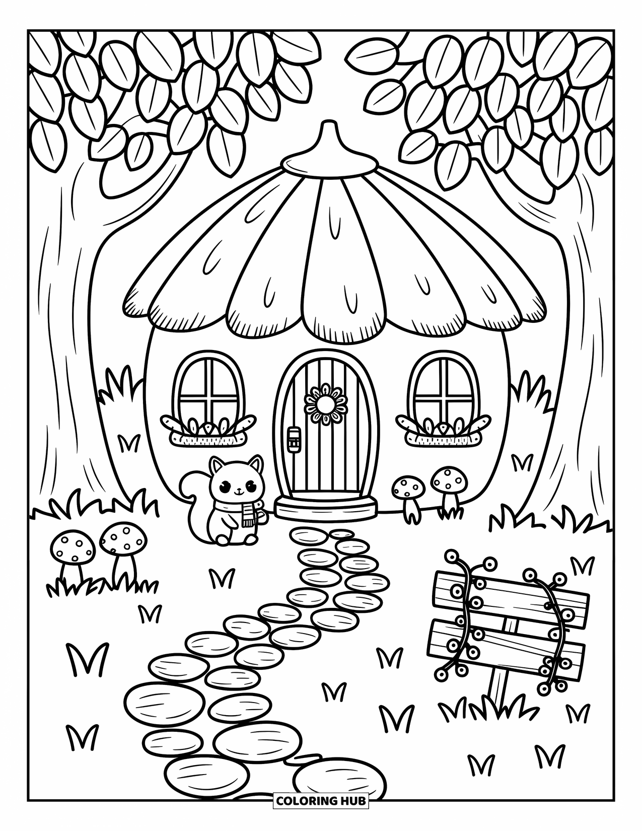 Coloriage d'automne pour adultes : Un minuscule chalet forestier avec un toit de chaume, un chemin de pierre et un écureuil tenant une lanterne