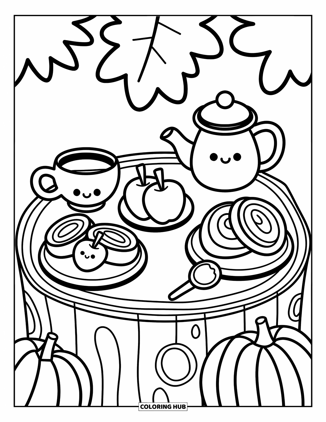 Coloriage d'automne pour adultes : Une table de souche d'arbre avec des assiettes de tranches de pommes, des brioches à la cannelle et une théière