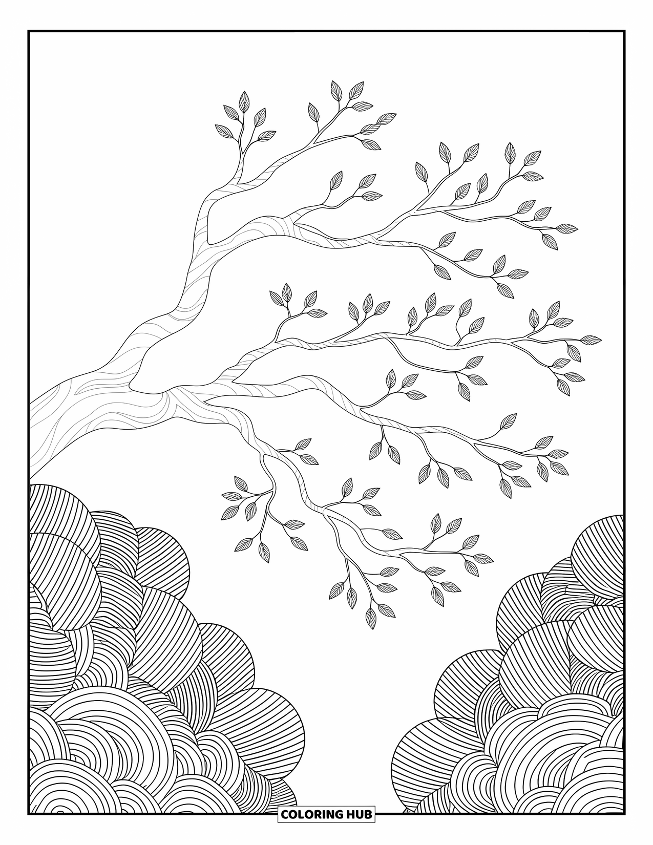 Coloriage d'automne pour adultes : Un arbre avec des branches noueuses et des feuilles tombantes entouré de motifs artistiques