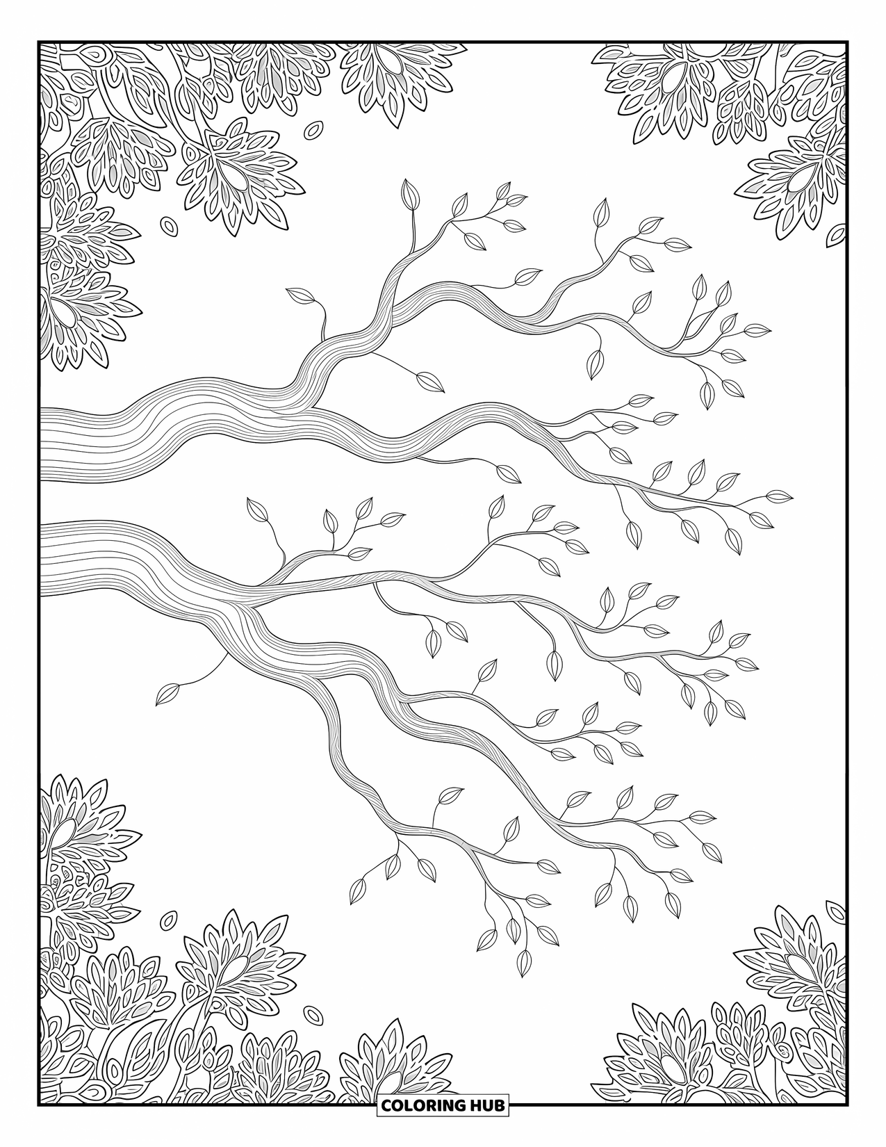 Coloriage d'automne pour adultes : Un arbre avec des branches gracieuses et des feuilles tombantes entouré de motifs décoratifs