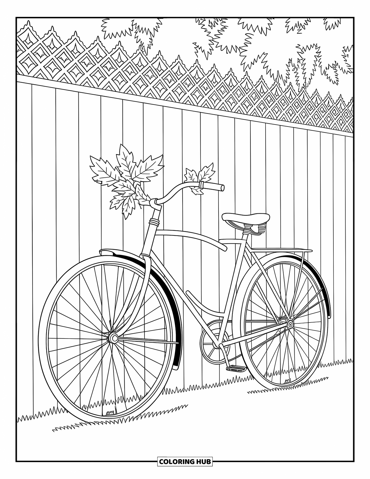 Coloriage d'automne pour adultes : Un vélo vintage près d'une clôture, entouré de motifs tourbillonnants et de feuilles