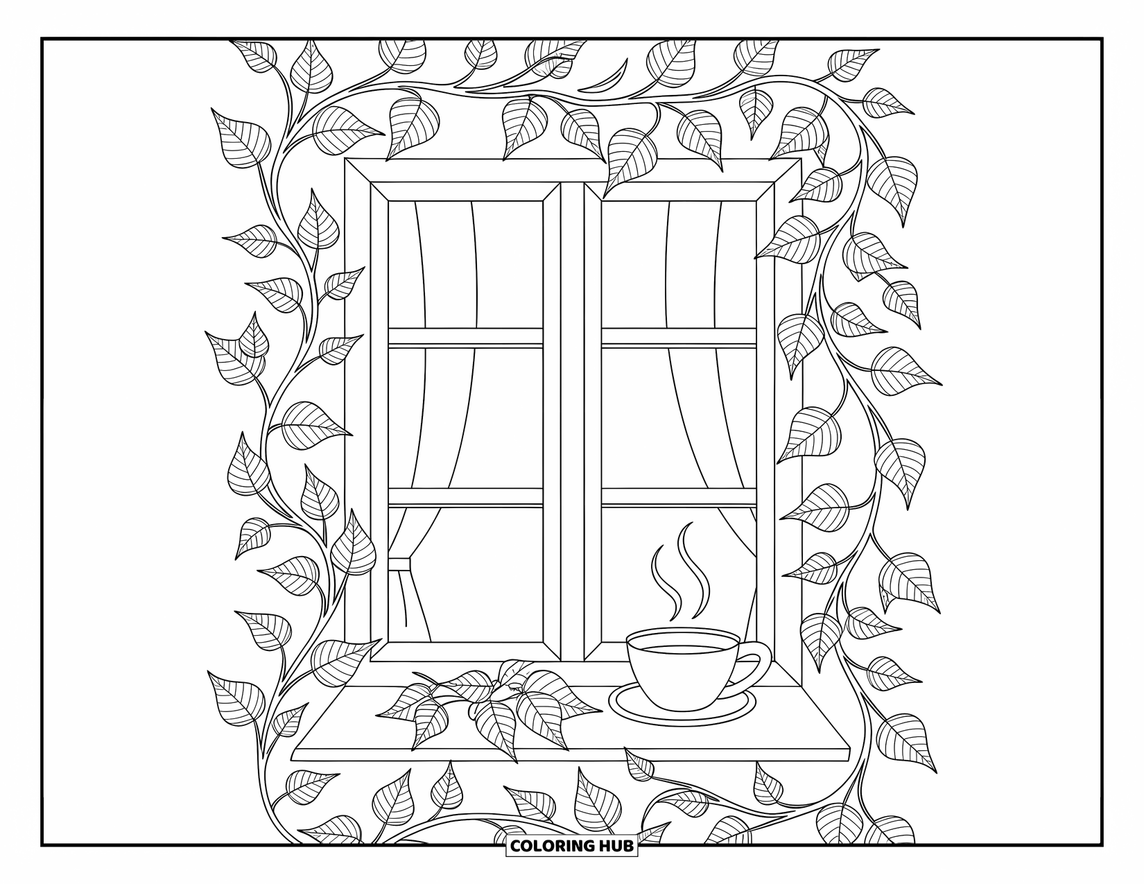 Coloriage d'automne pour adultes : Une fenêtre de cabane chaleureuse avec du thé, des vignes tourbillonnantes et de délicates bordures feuillues