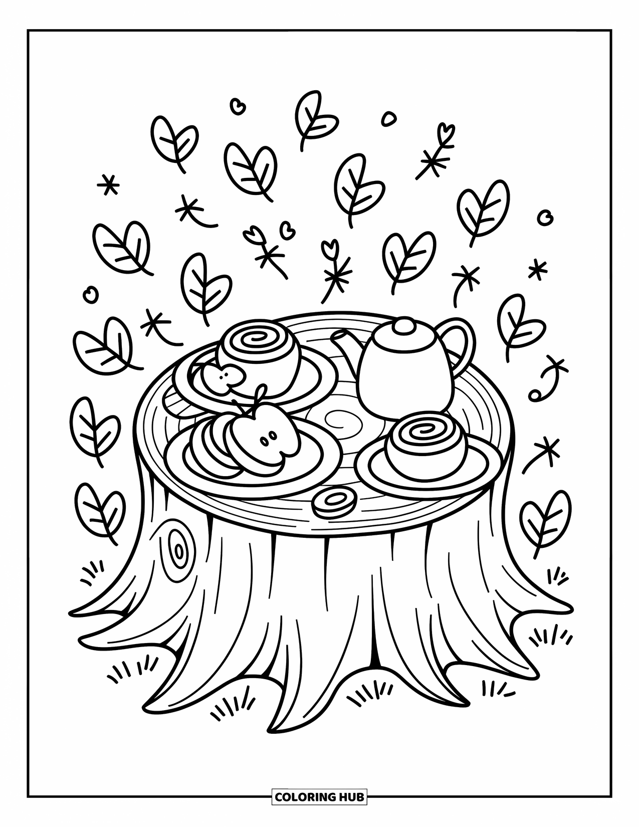 Coloriage d'automne pour adultes : Une table de souche fantaisiste dressée avec des tranches de pommes, des brioches à la cannelle et une jolie théière