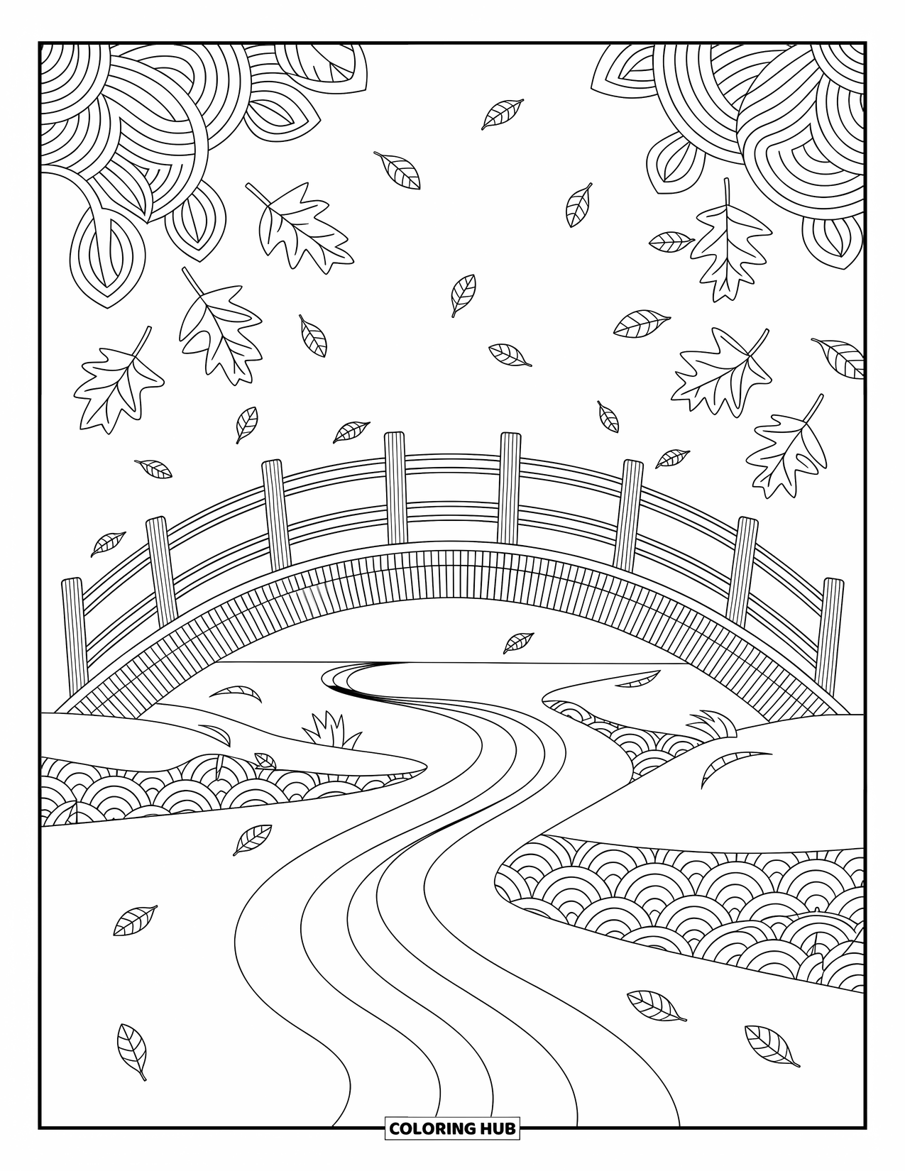 Coloriage d'automne pour adultes : Un pont en bois au-dessus d'une rivière calme avec des feuilles flottantes et des motifs tourbillonnants