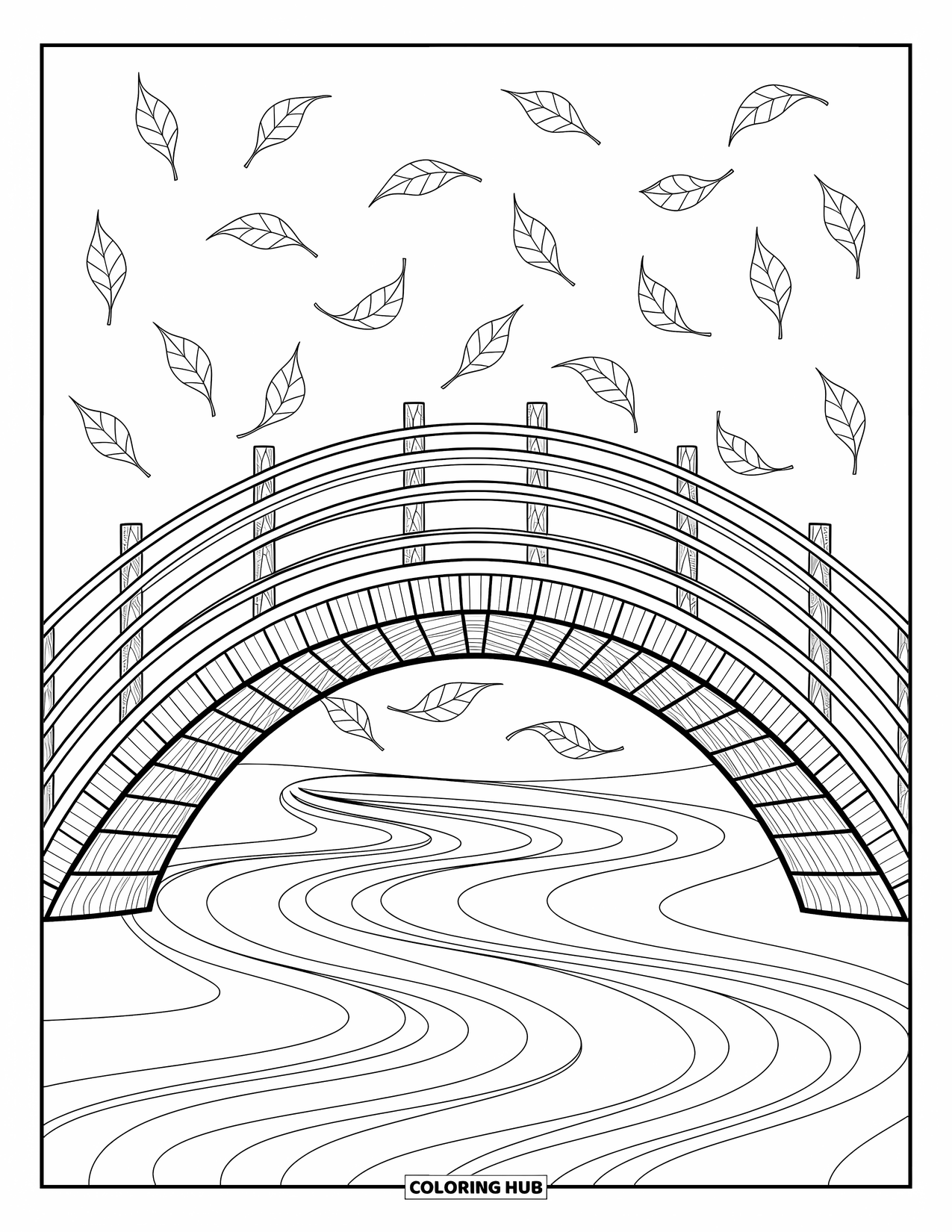 Coloriage d'automne pour adultes : Un pont en bois au-dessus d'une eau paisible avec des feuilles dérivantes et des motifs artistiques environnants
