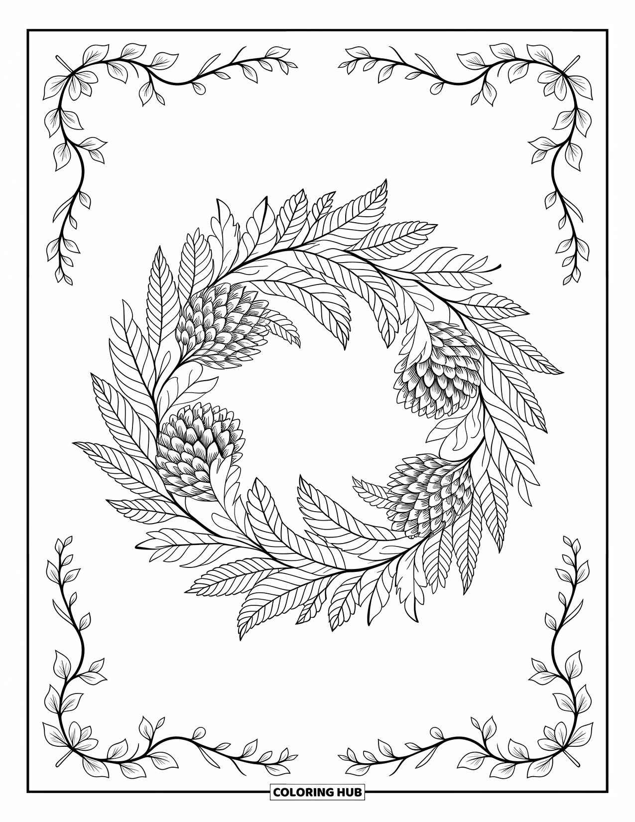 Coloriage d'automne pour adultes : Une couronne de pommes de pin, de fleurs séchées et de feuilles d'automne encadrée par de délicates vignes et fleurs