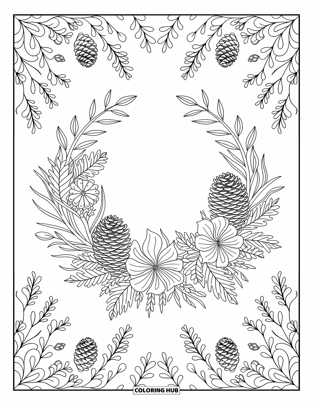 Coloriage d'automne pour adultes : Une couronne d'automne faite de pommes de pin, de fleurs séchées et de feuilles avec des motifs de vignes fluides