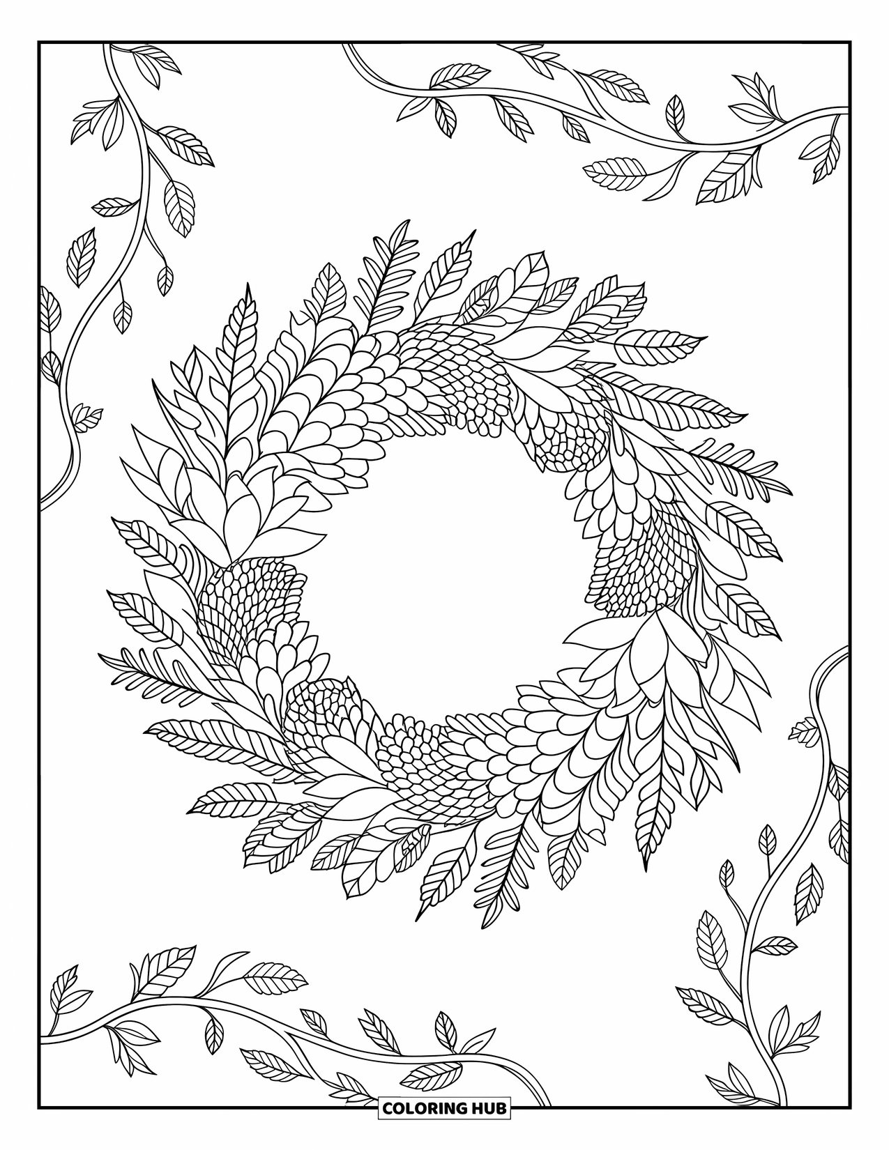 Coloriage d'automne pour adultes : Une couronne complexe de pommes de pin et de feuilles d'automne avec des décorations de vignes tourbillonnantes