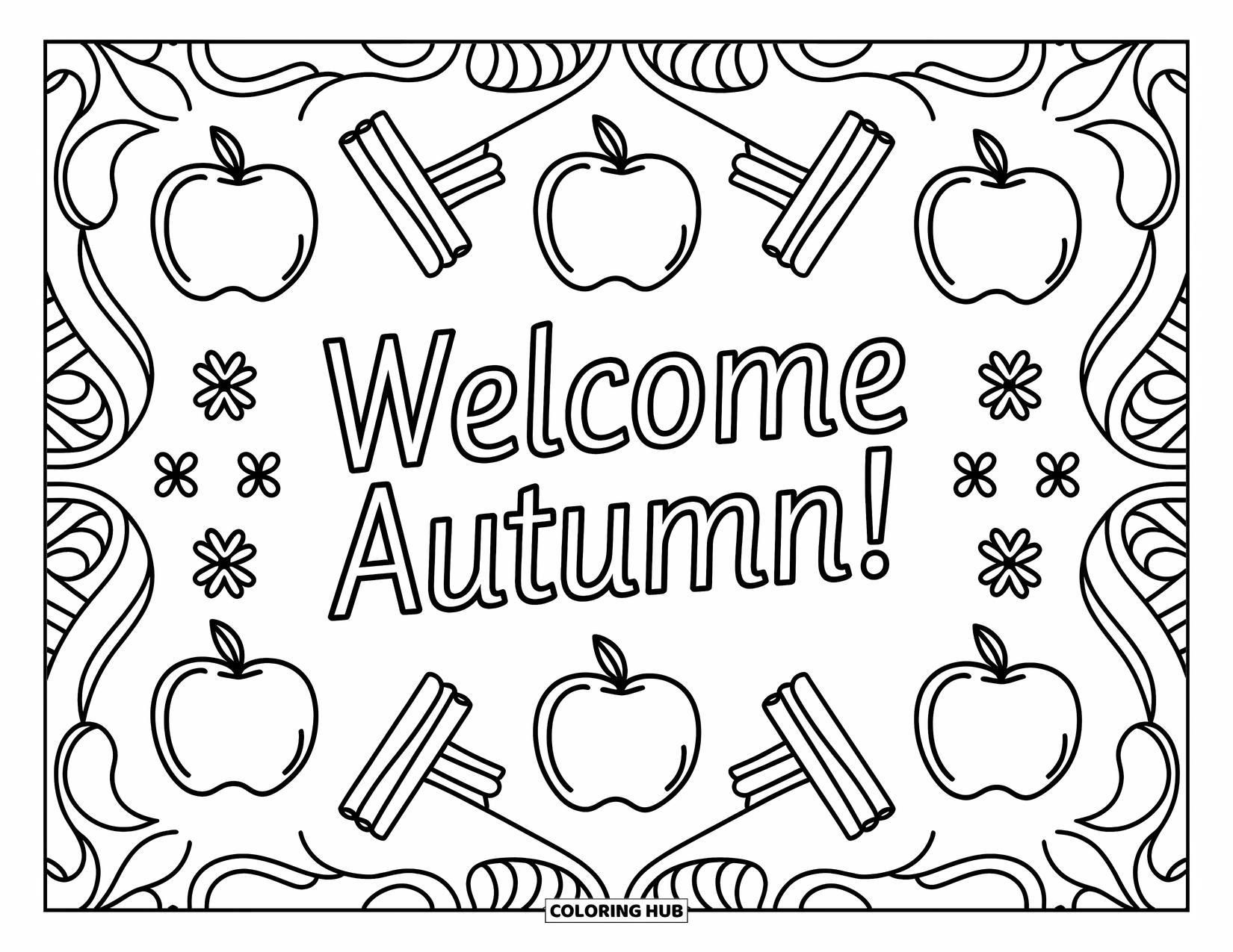 Coloriage d'automne pour adultes : Des pommes, des bâtons de cannelle et des feuilles tourbillonnantes encadrent magnifiquement la phrase « Bienvenue l'automne ! »