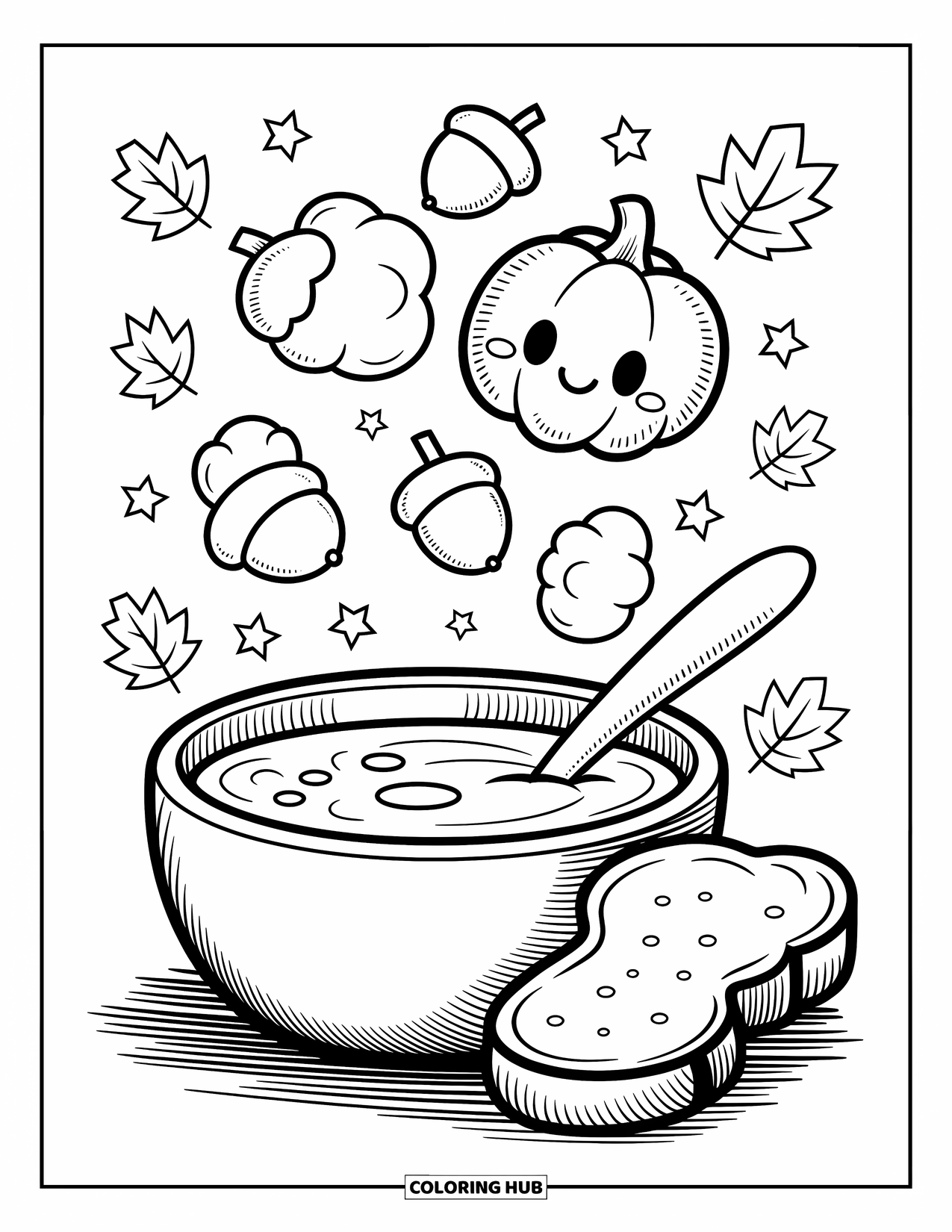 Coloriage d'automne pour adultes : Une soupe à la citrouille avec de la vapeur ludique, de minuscules étoiles et du pain appuyé contre le bol