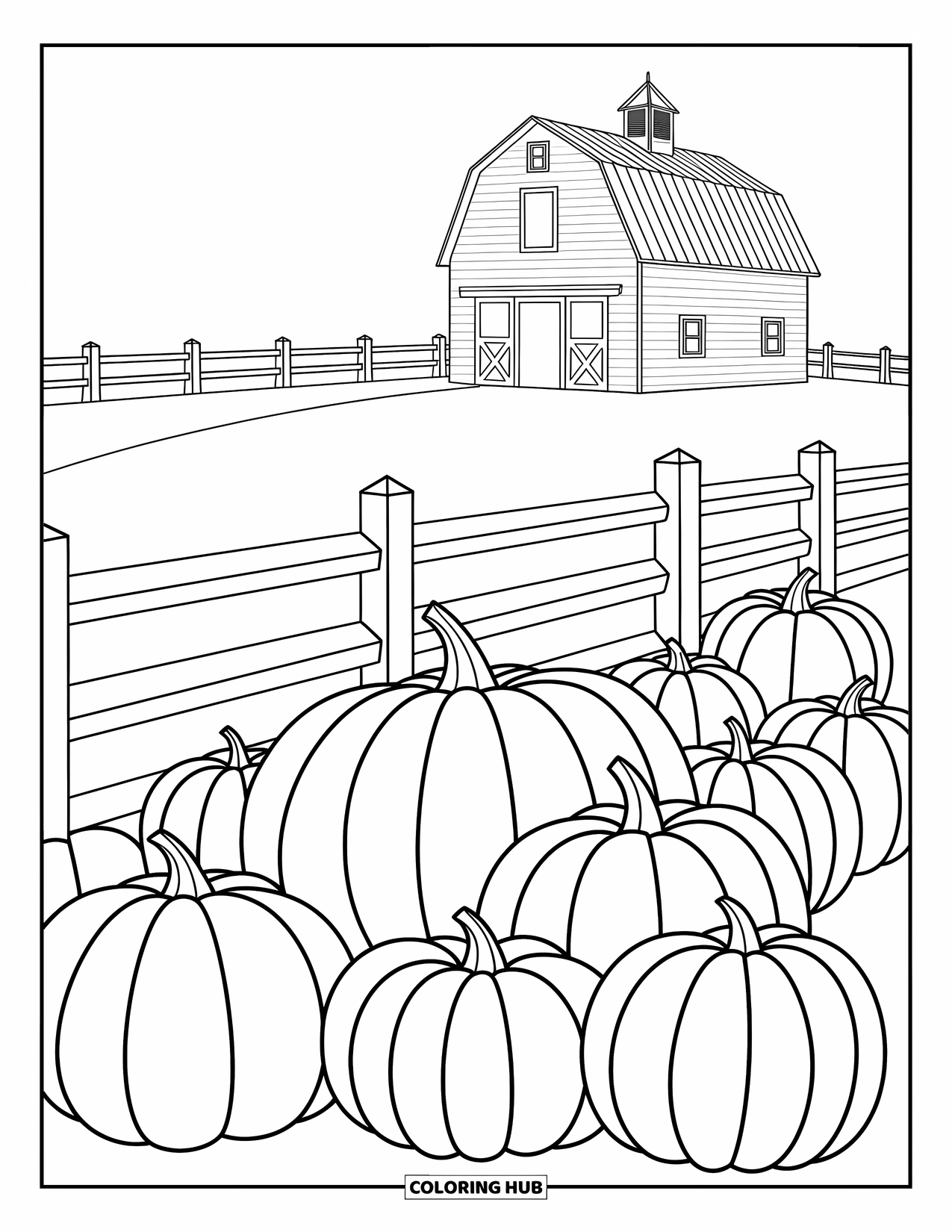 Coloriage d'automne pour enfants : Une grange se dresse au loin avec une clôture menant à travers un champ rempli de citrouilles