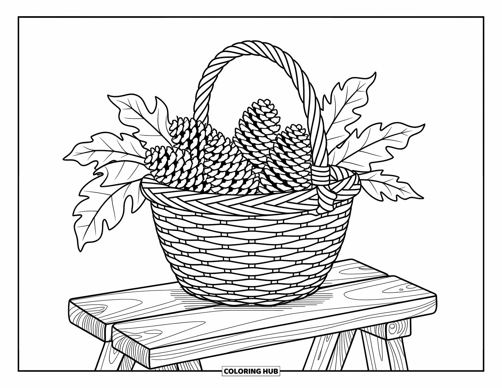 Coloriage d'automne pour enfants : Un panier débordant de pommes de pin et de feuilles repose sur un banc en bois confortable