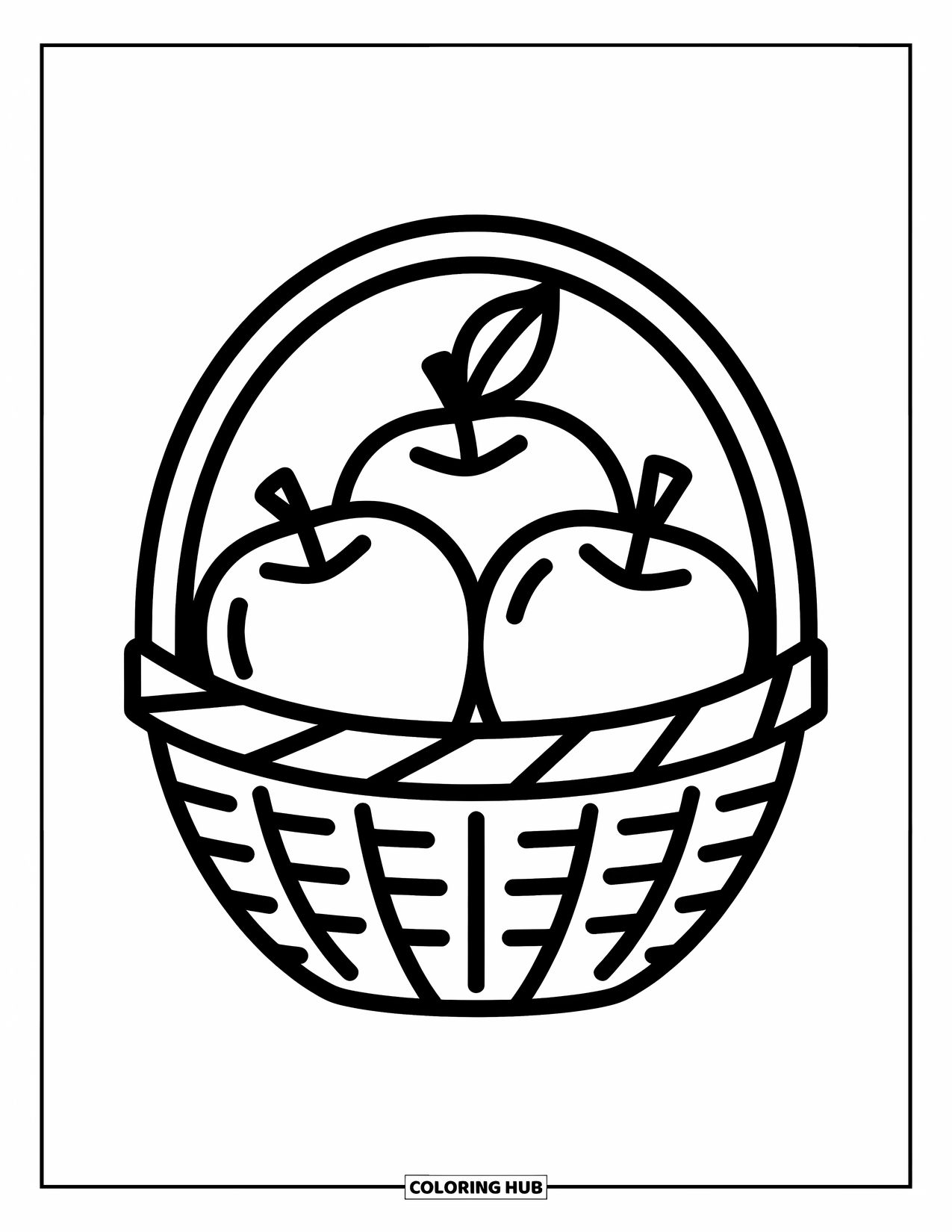 Coloriage d'automne pour enfants : Un panier rempli de pommes avec une petite feuille qui apparaît